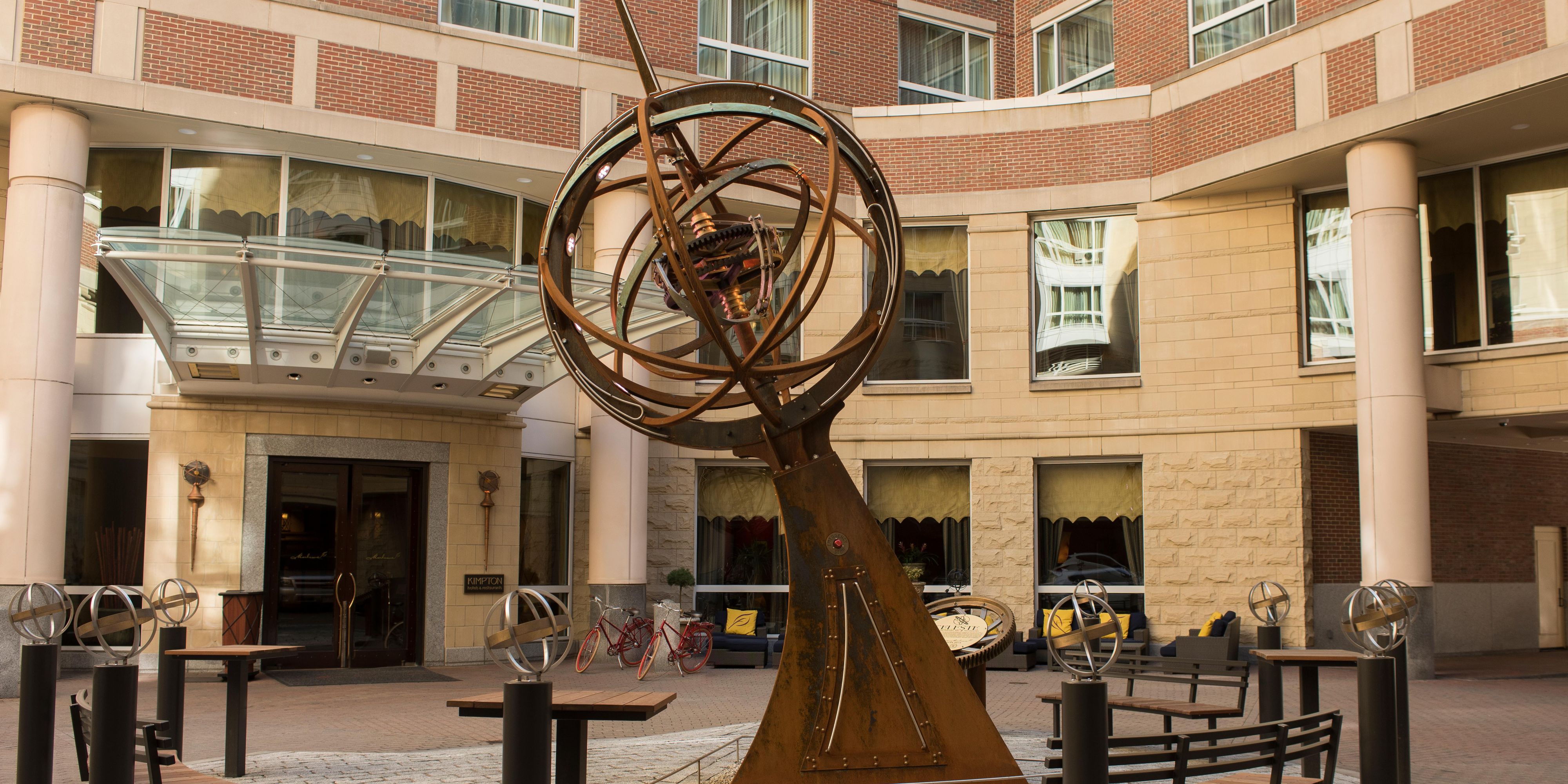 Guests enter our hotel via an enchanting courtyard, where they’re greeted by Celeste, a 25-foot-tall artistic interpretation of an armillary that perfectly speaks to Cambridge's sense of discovery and innovation. Grab a bench on which to ponder this interactive celestial sculpture - we host private events in this inspiring space, too.