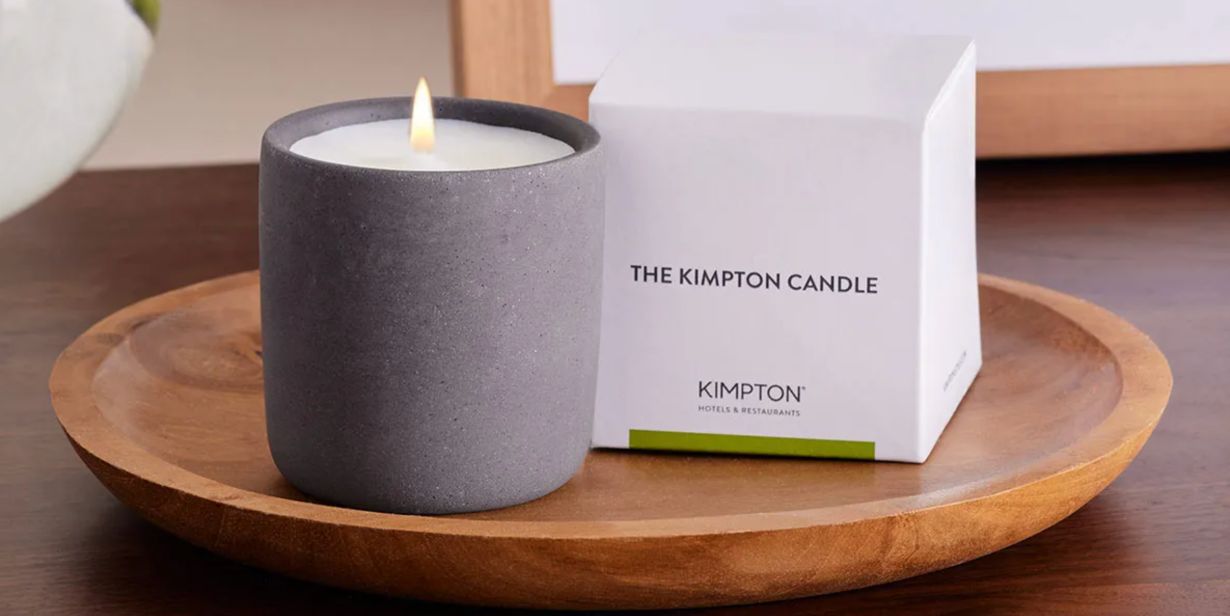 kimpton candle and box in a wooden tray