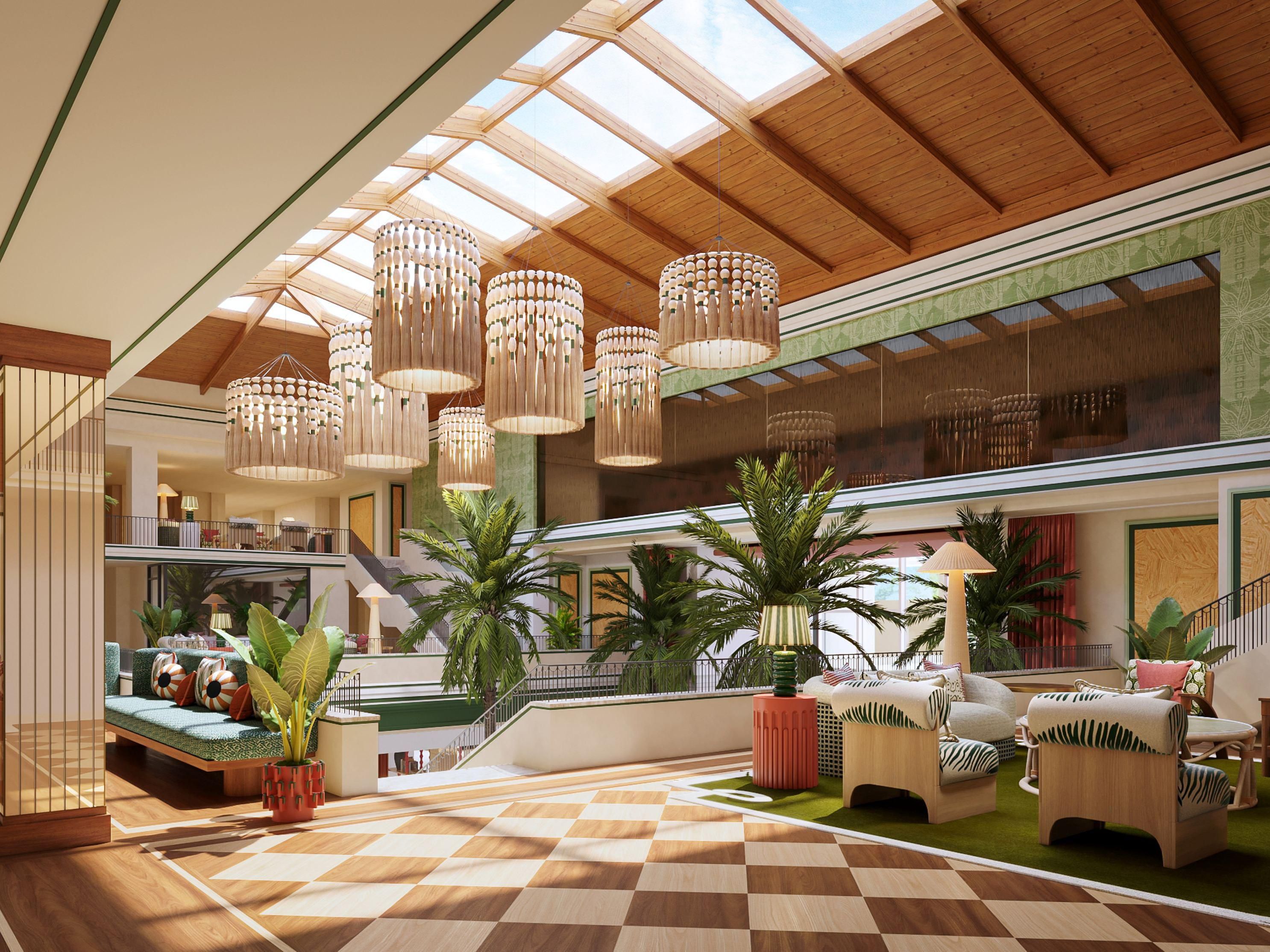 Spacious hotel lobby entrance with design soft natural light