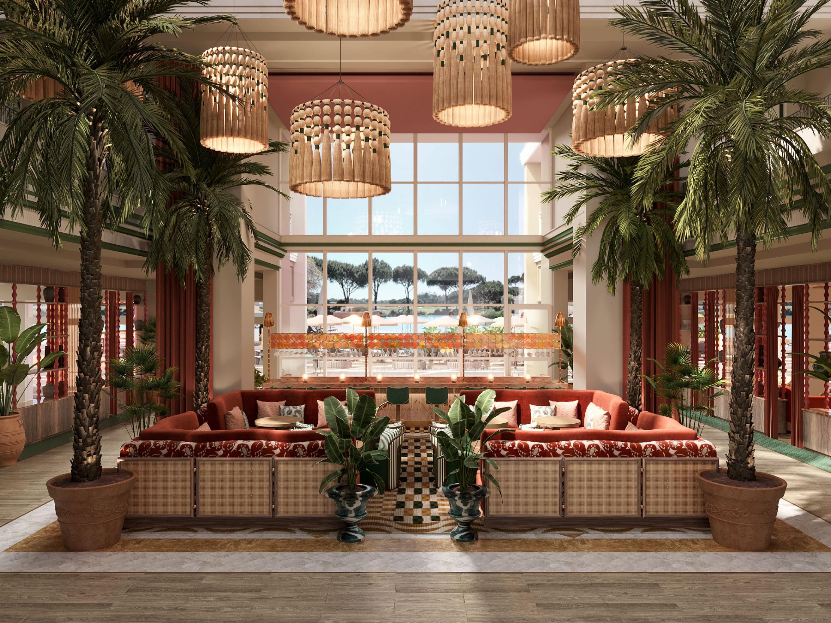 Vibrant hotel bar with signature cocktails