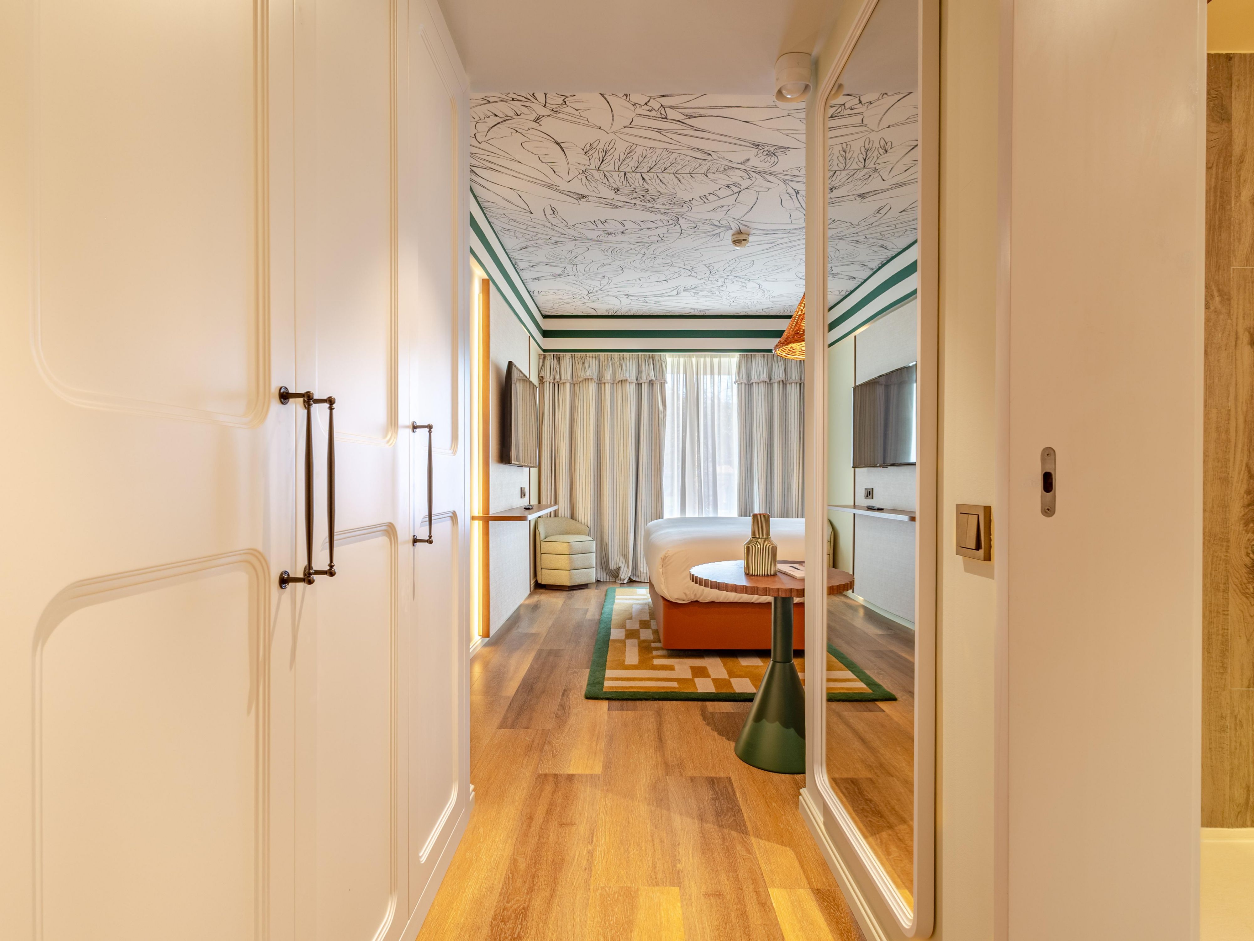 Spacious room corridor with wardrobe and modern interior design