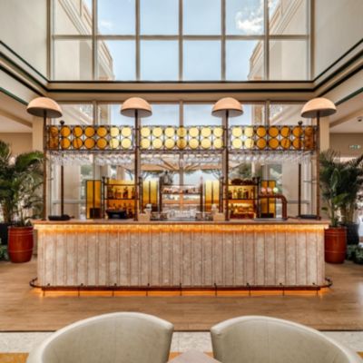 Vibrant hotel bar with signature cocktails