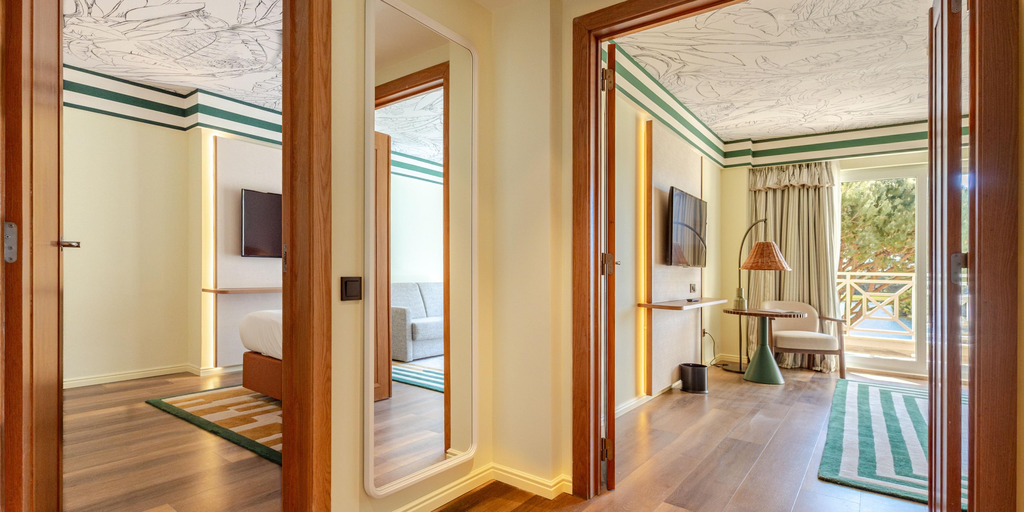 Elegant suite with lounge area and outdoor balcony.