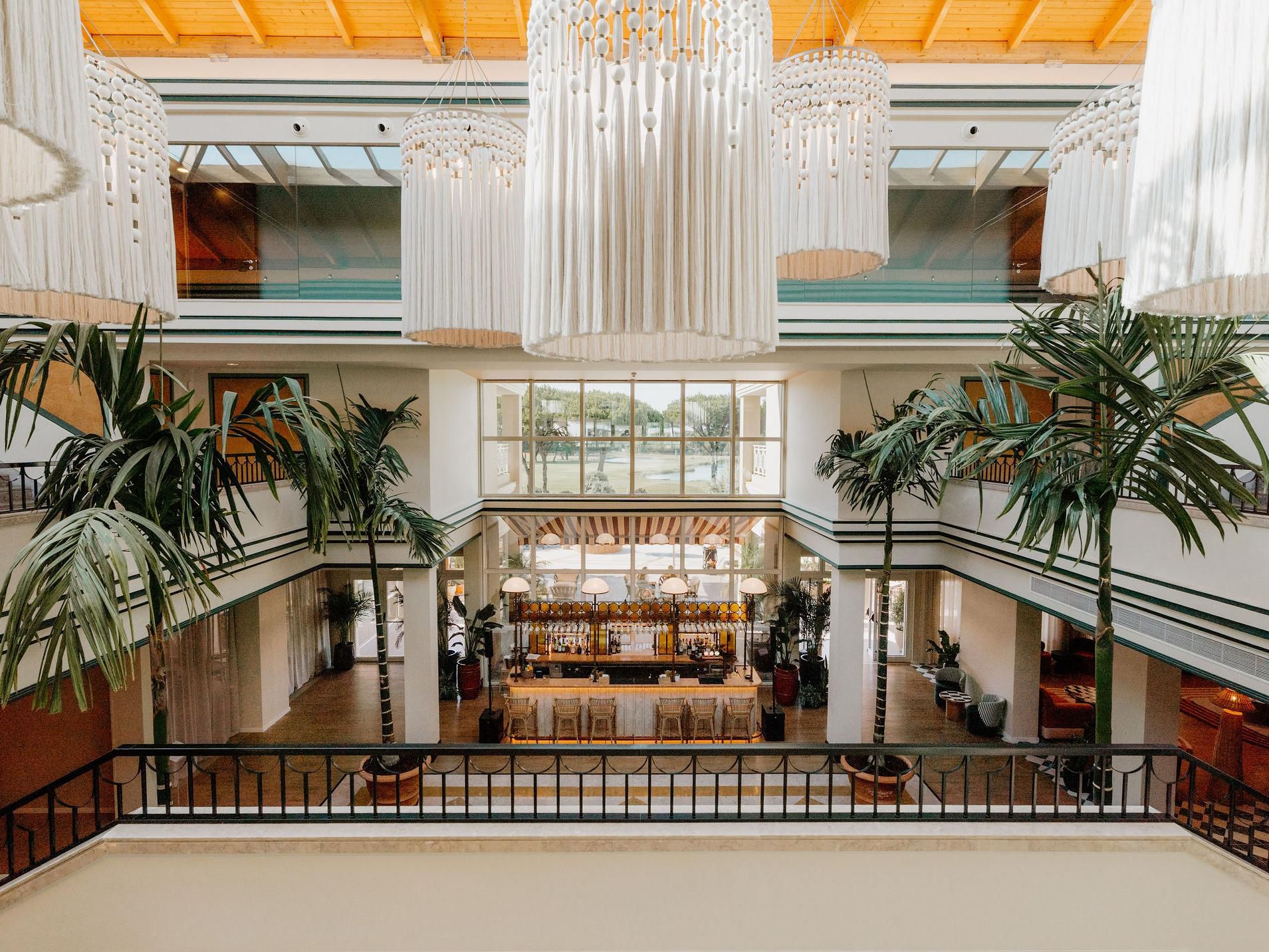 Luxury hotel lobby with soft natural light.