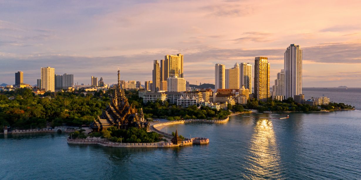 high rises of pattaya on coast of thailand surrounded by ocean