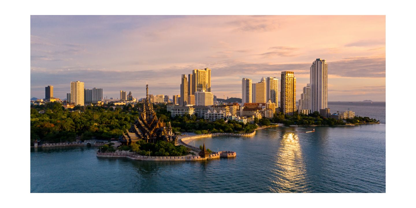 High rises of pattaya on coast of thailand surrounded by ocean