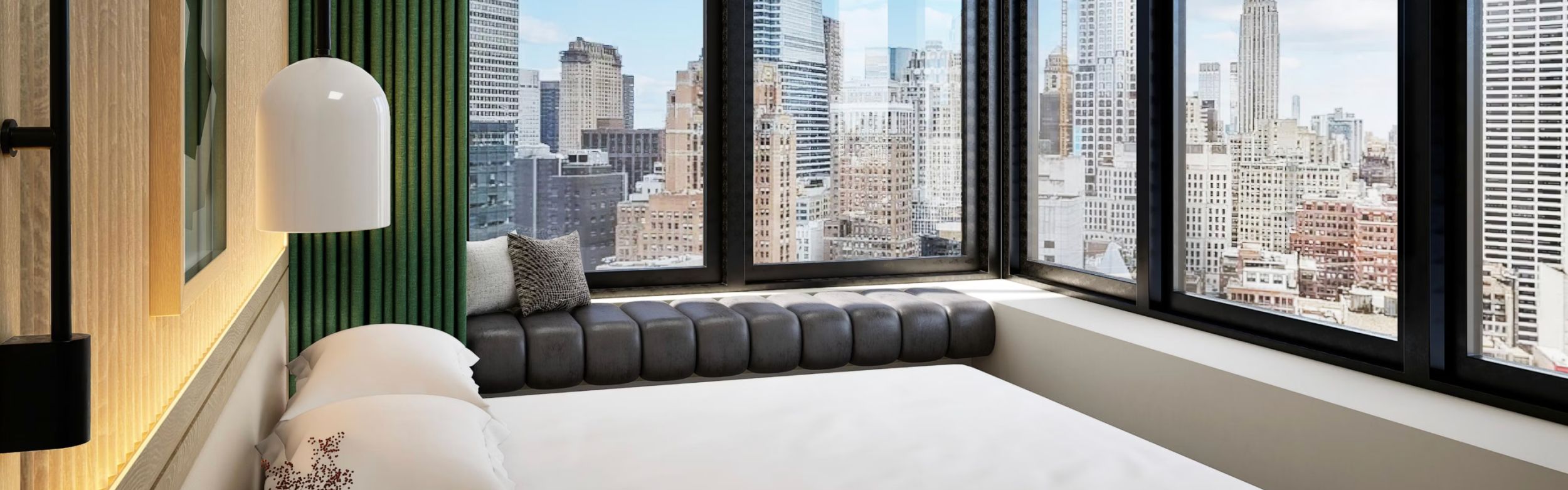 Sleek guestroom with iconic NYC views in midtown Manhattan at Kimpton Era