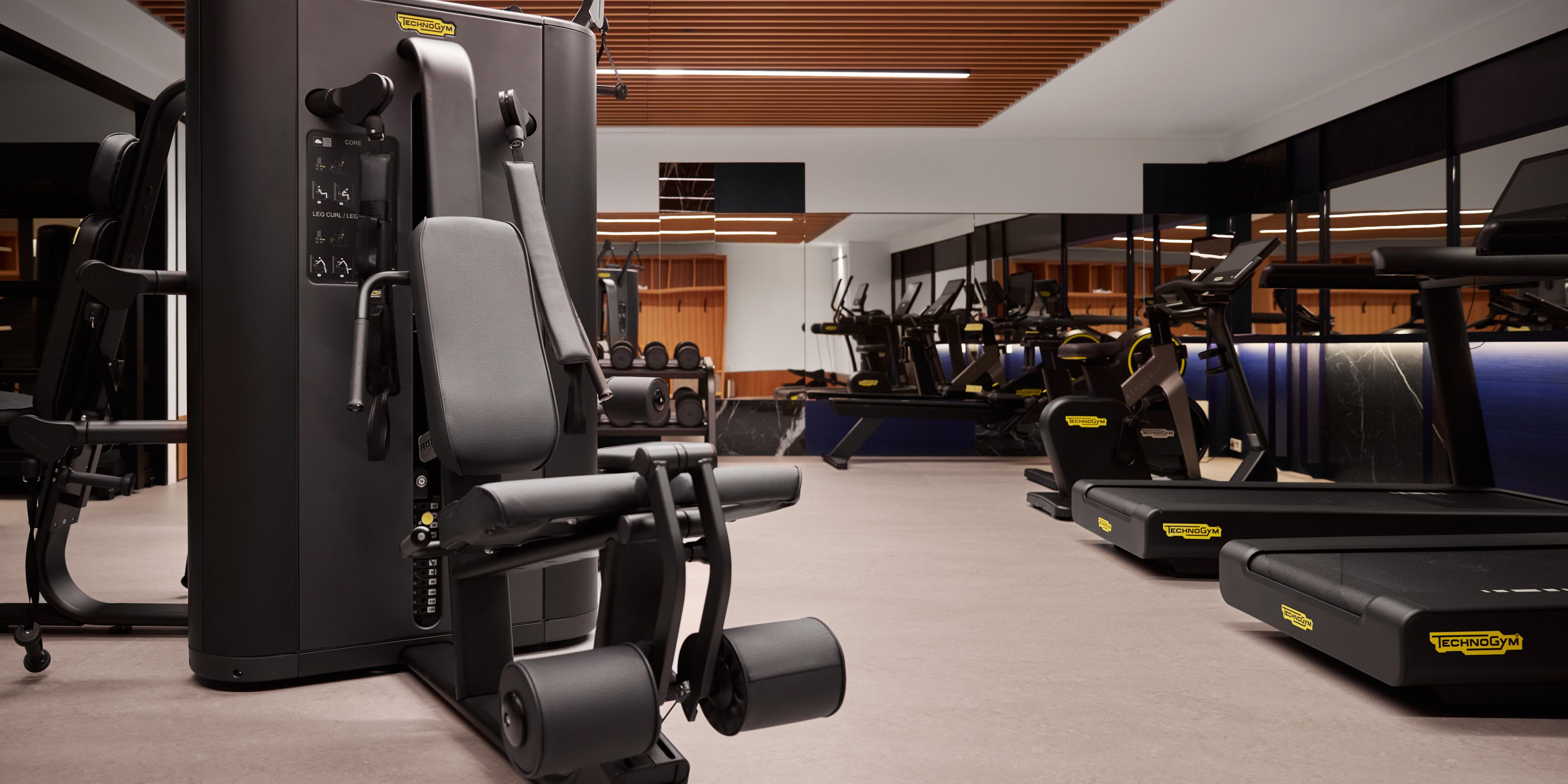 Gym with a variety of modern Technogym equipment.
