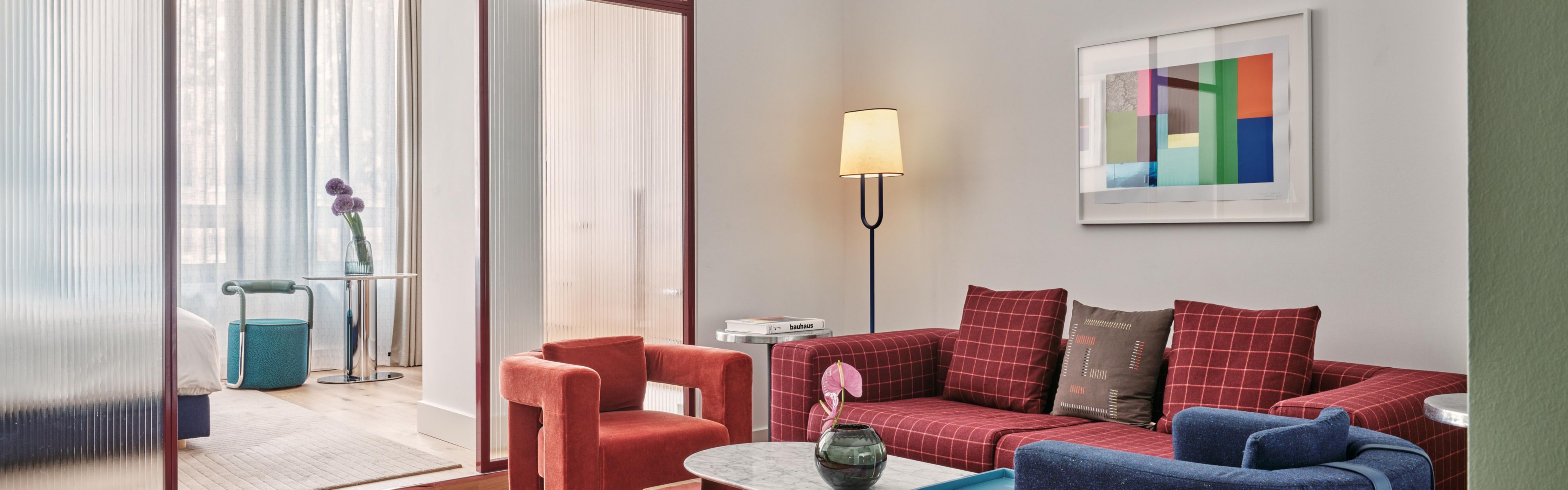 one bedroom suite red sofa