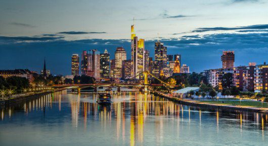 downtown Frankfurt lit up at night