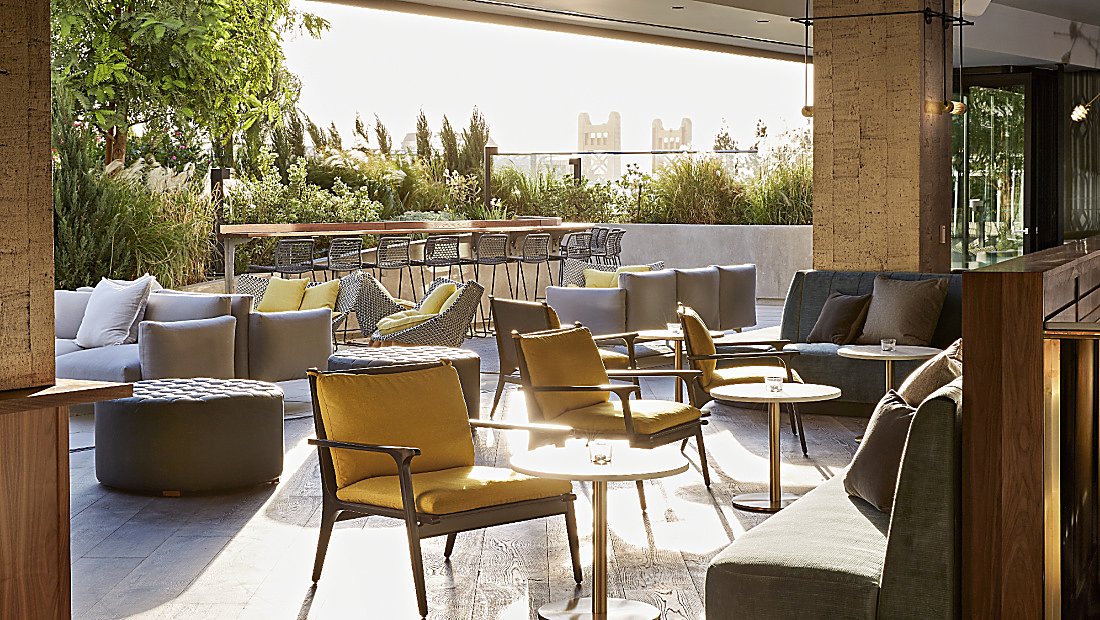 sun-drenched outdoor lounge area