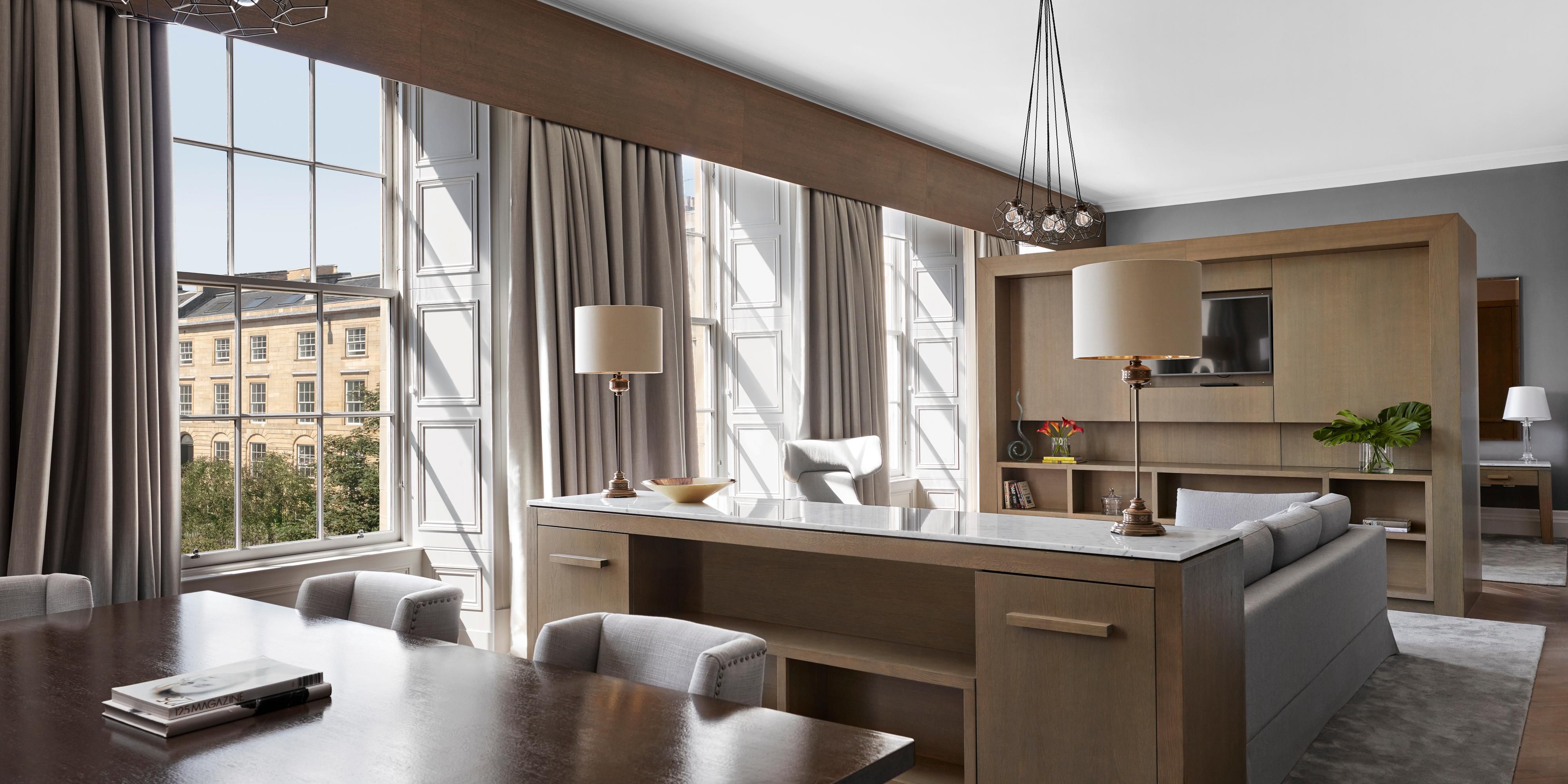 With marble bathrooms, separate lounge and dining areas, and fresh flowers, the suites are truly something special. For the ultimate experience, the penthouse suite features a private lift, bespoke timber furnishings, a steam room and sunken bath, and unbeatable views of the Glasgow skyline from a rooftop garden.
