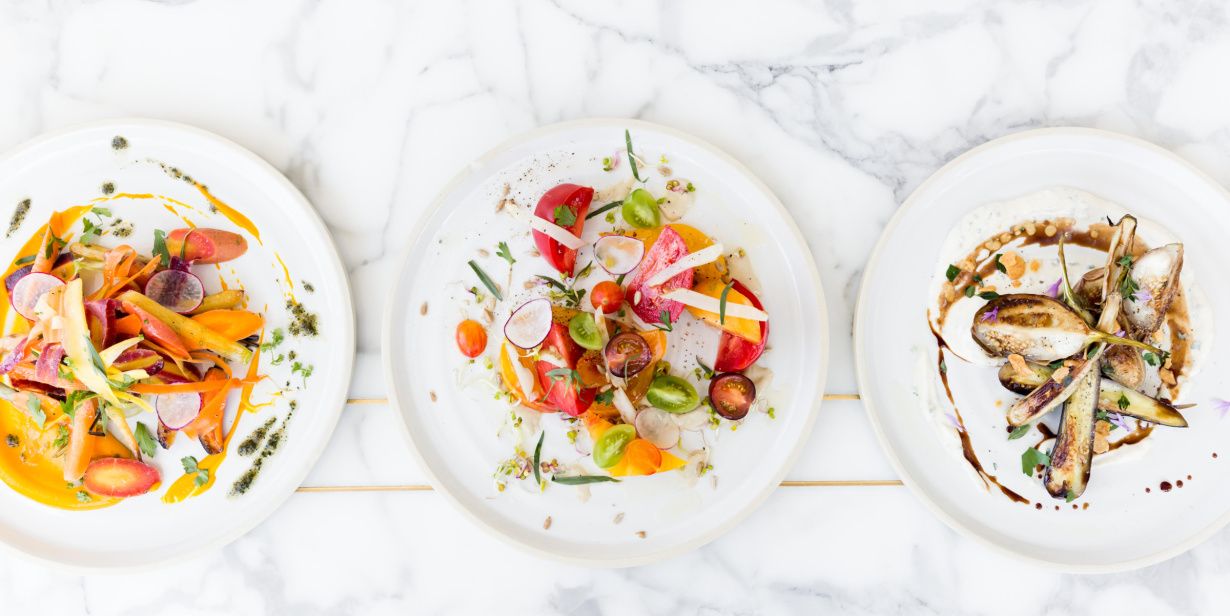 overhead view of decoratively plated food 