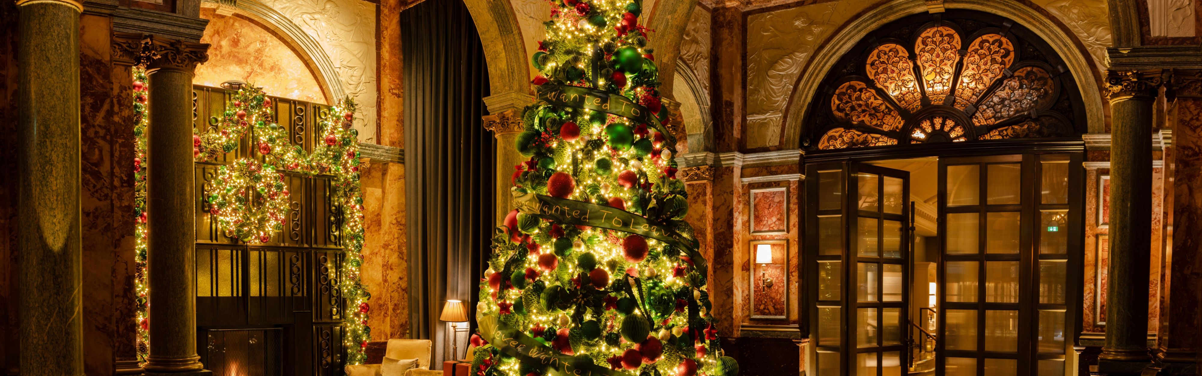 Hotel lobby decorated for Christmas