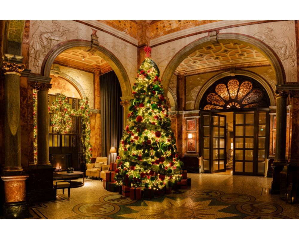 Christmas tree in London hotel lobby
