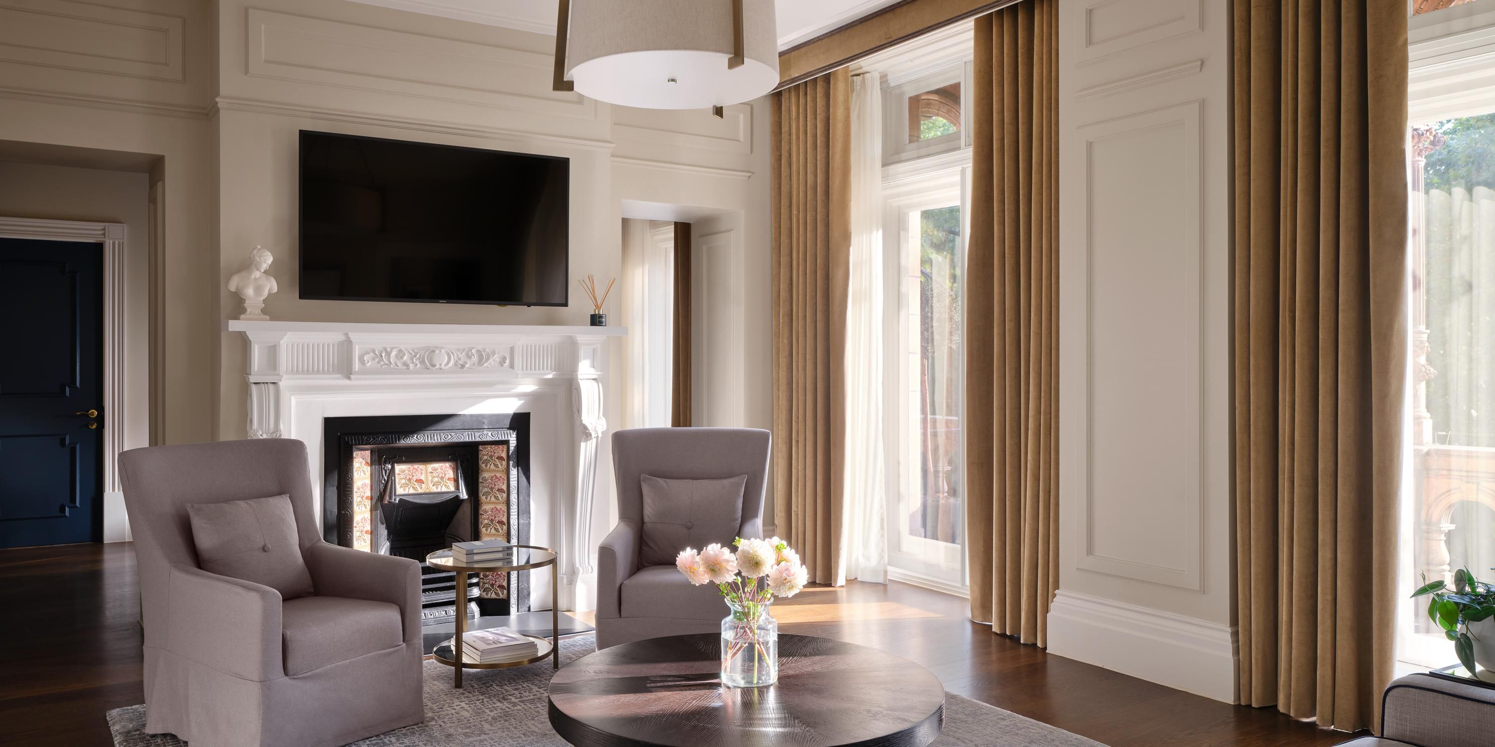 An elegant living room provides plenty of space to relax.