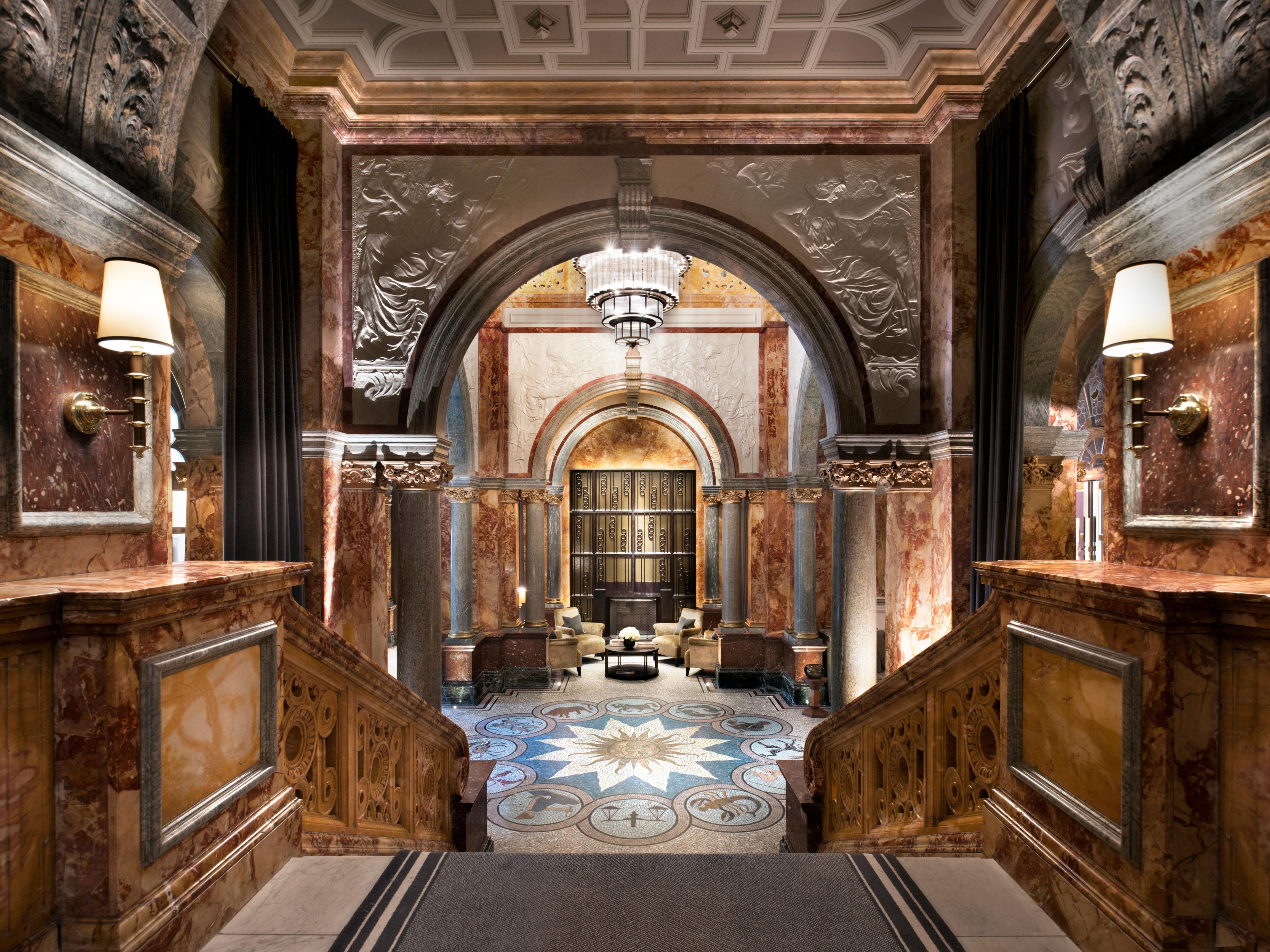 Marble stairs, mosaic floors, and a lobby designed to impress