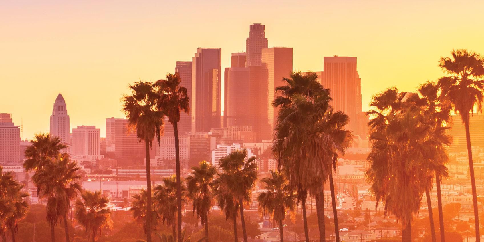 Linha do horizonte de Los Angeles e palmeiras ao pôr do sol