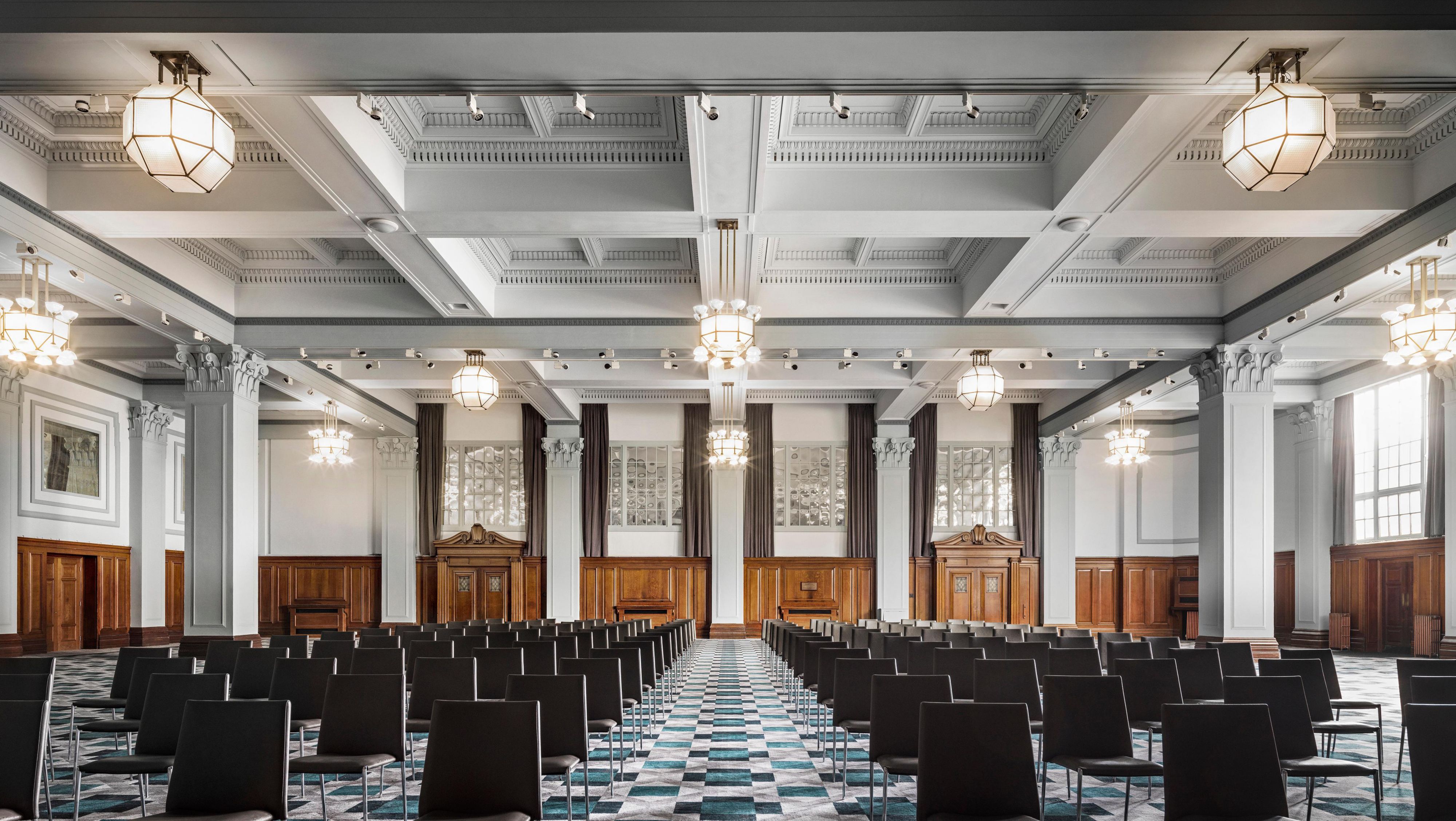 ballroom set for conference theatre style, stage natural