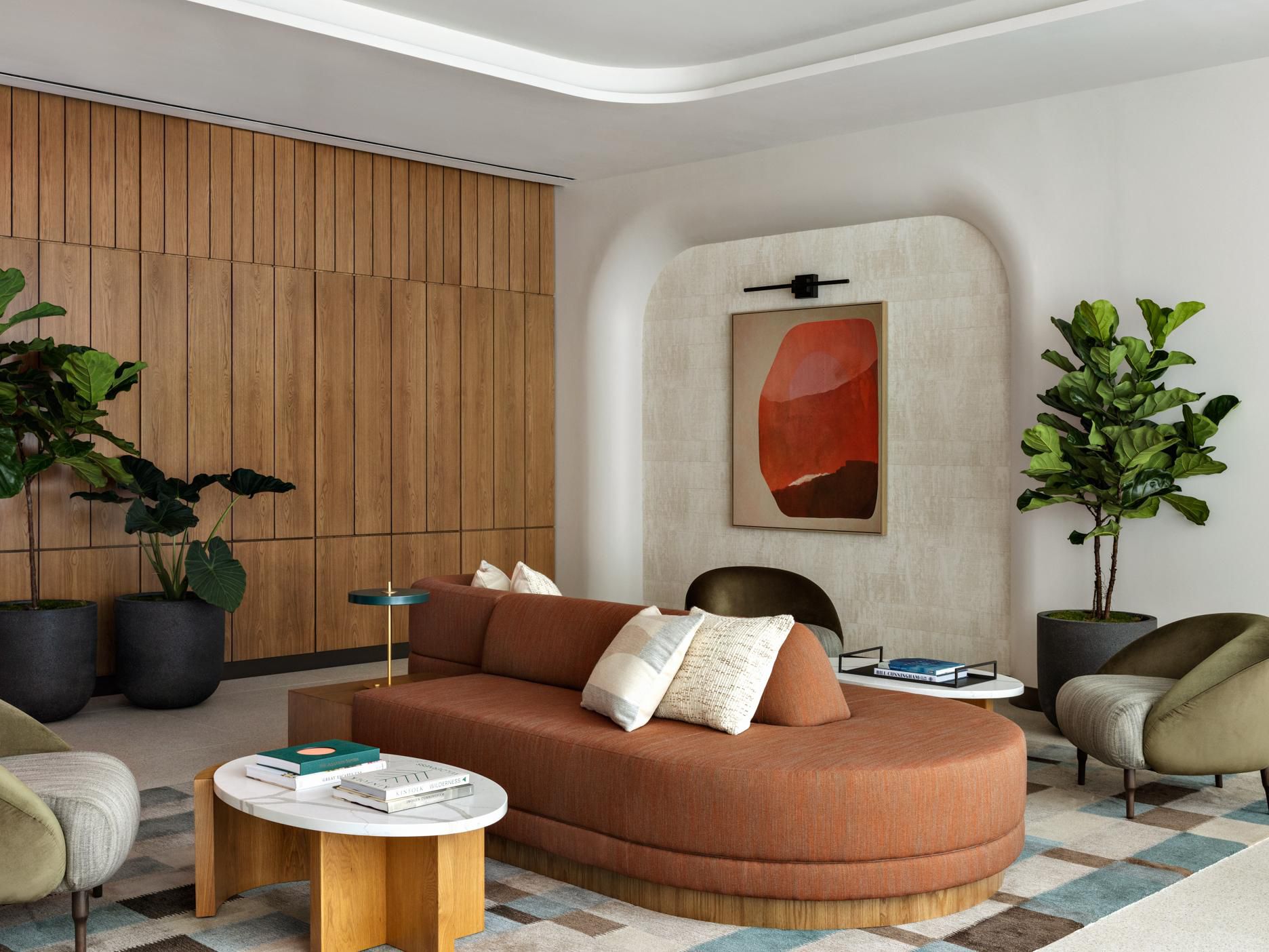Stylish hotel lobby lounge with comfortable seating