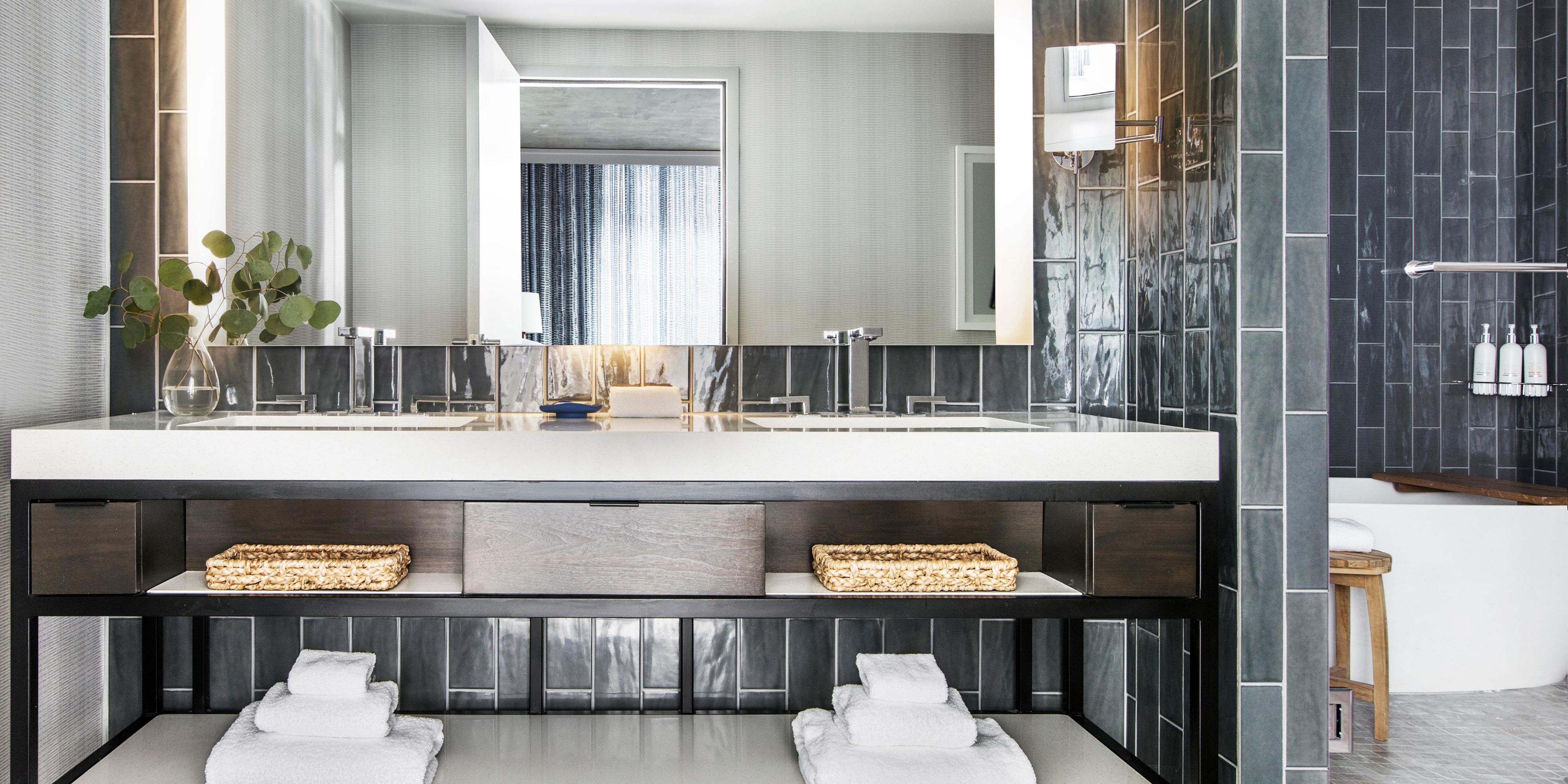 Double vanity, spa shower and deep-soaking tub