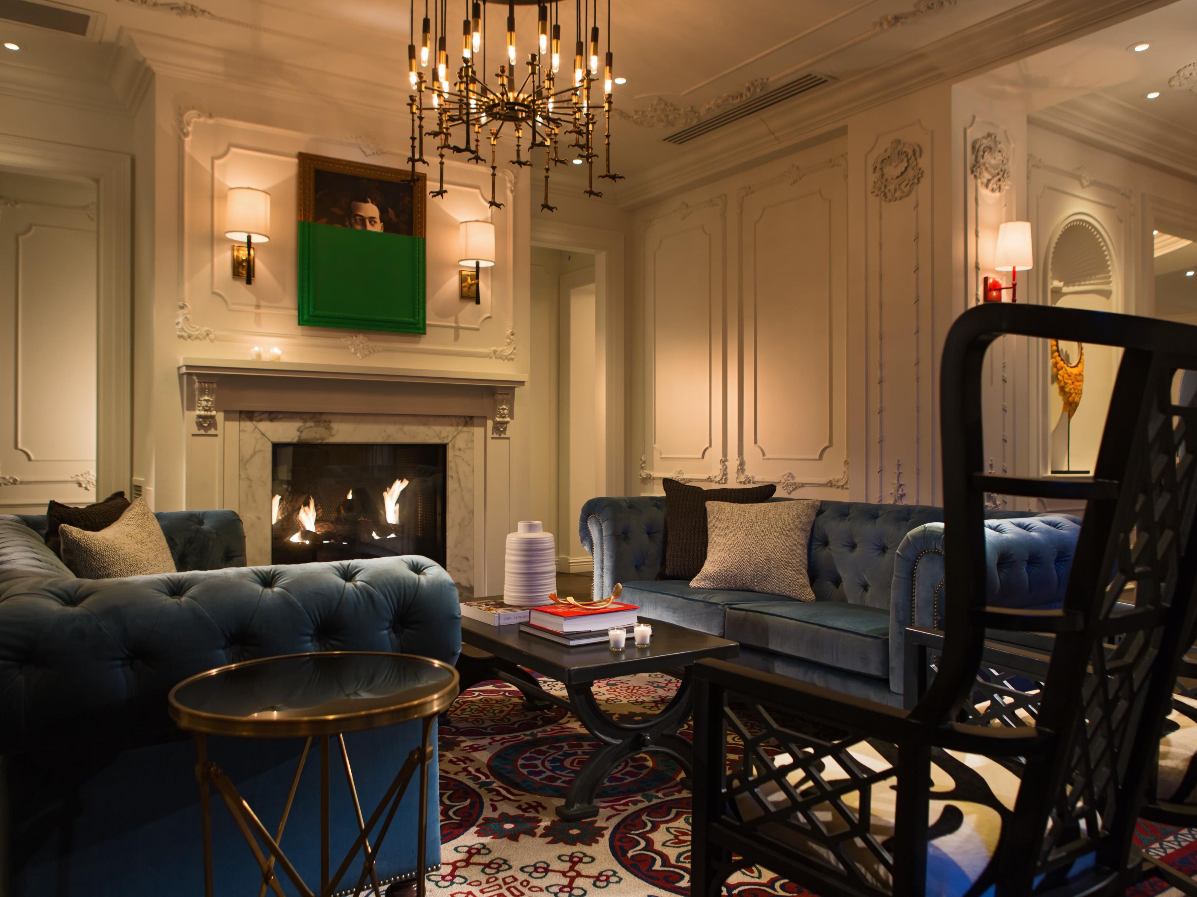 Pittsburgh Hotel Lobby Featuring a Fireplace + Warm Lighting