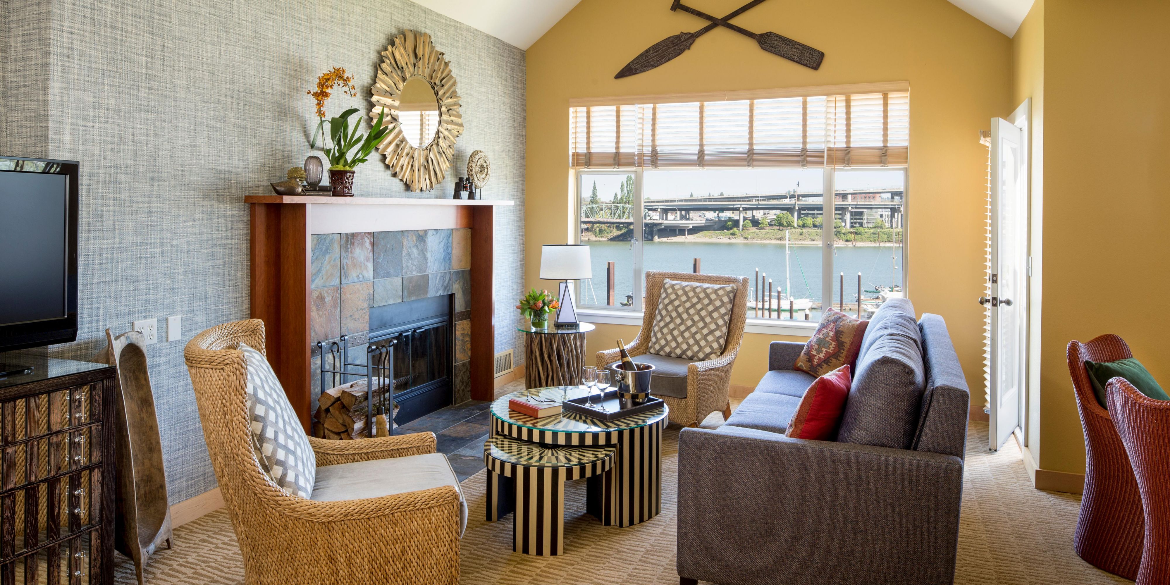 Living room with fireplace and stunning views
