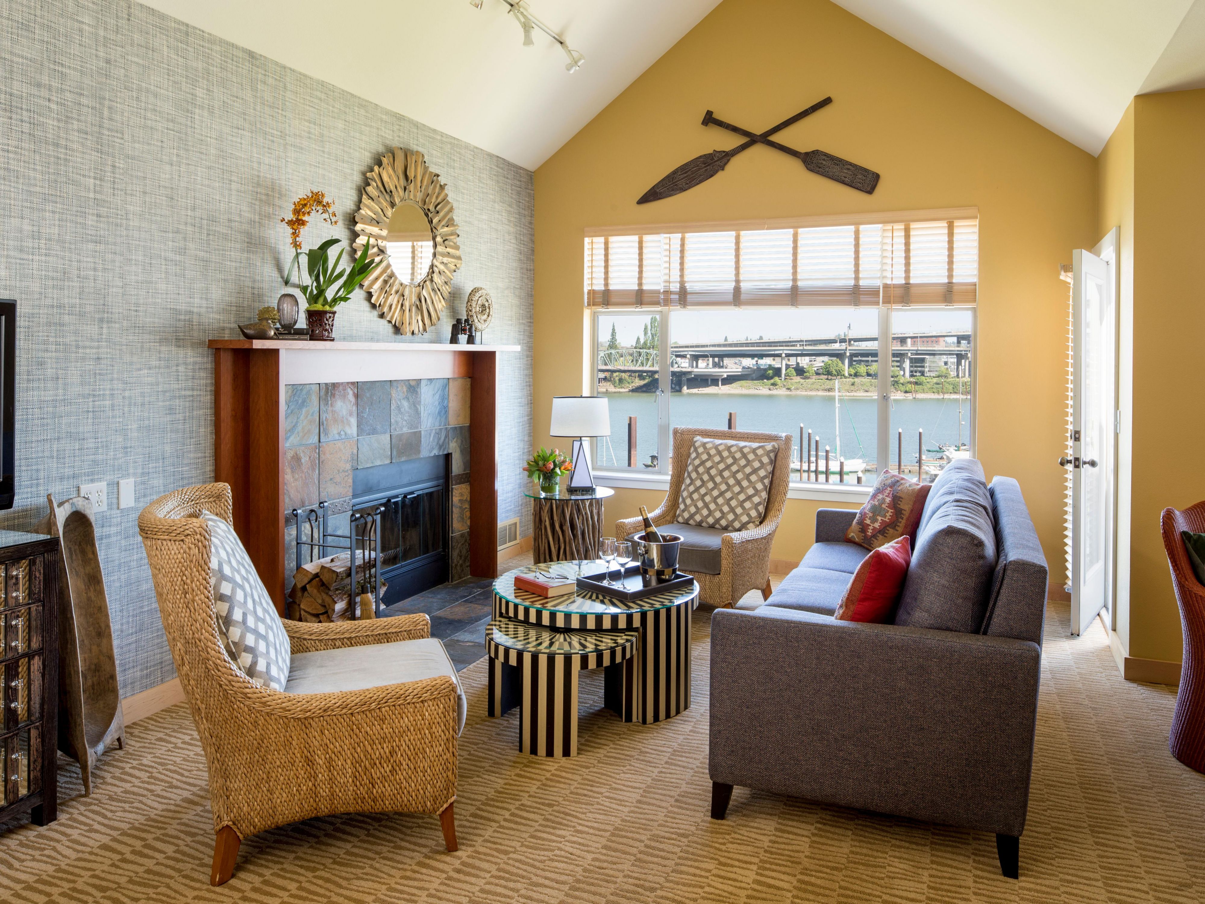 Living room with fireplace and stunning views
