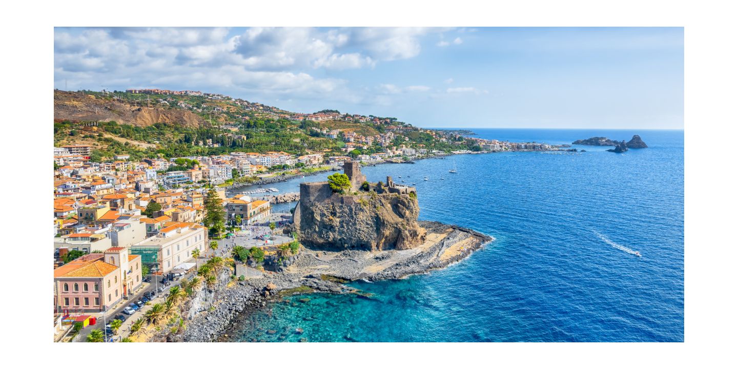 Seaside view of Taormina, Sicily with rugged coastline