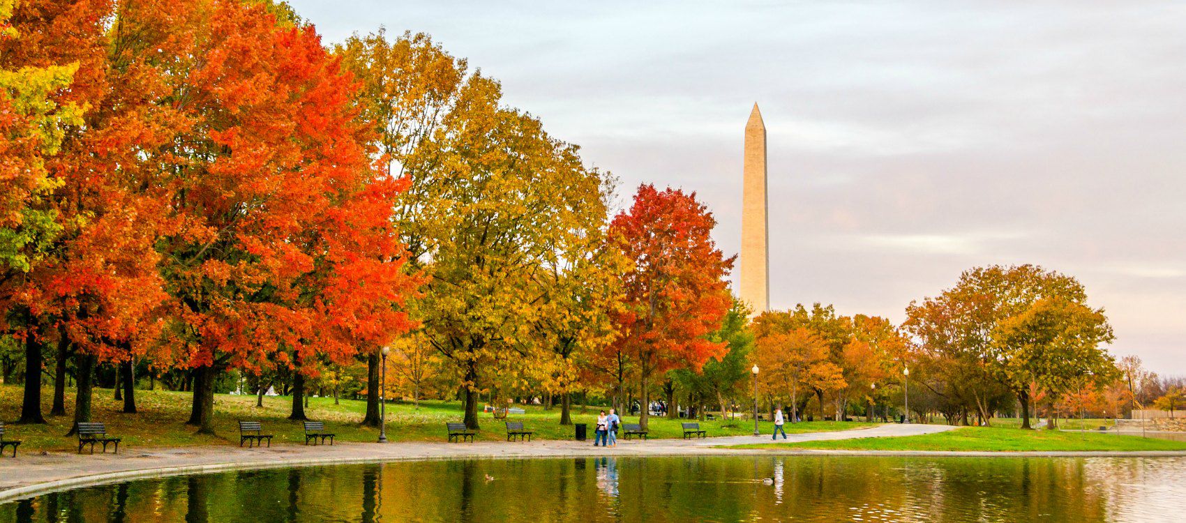 Washington Monument with fall foliage on nearby trees