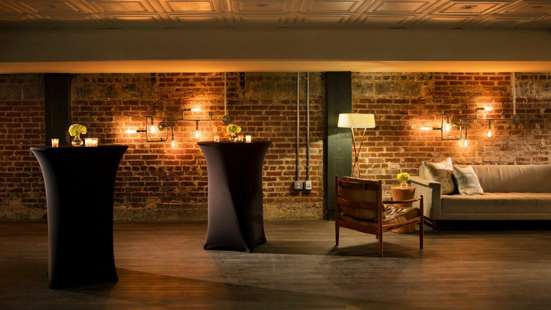 a rustic indoor hotel common area or party area