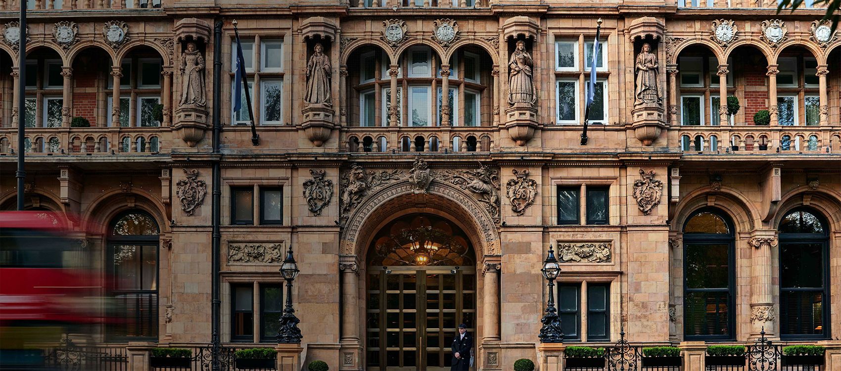 elaborate stone facade of historic london hotel