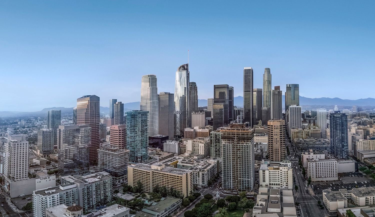 Los Angeles city. LA downtown aerial view. Los Angeles skyline. LA streets. Los Angeles from a top view. Downtown towers of Los Angeles. Panoramic scene of LA skyline. Blue sky frames the city below