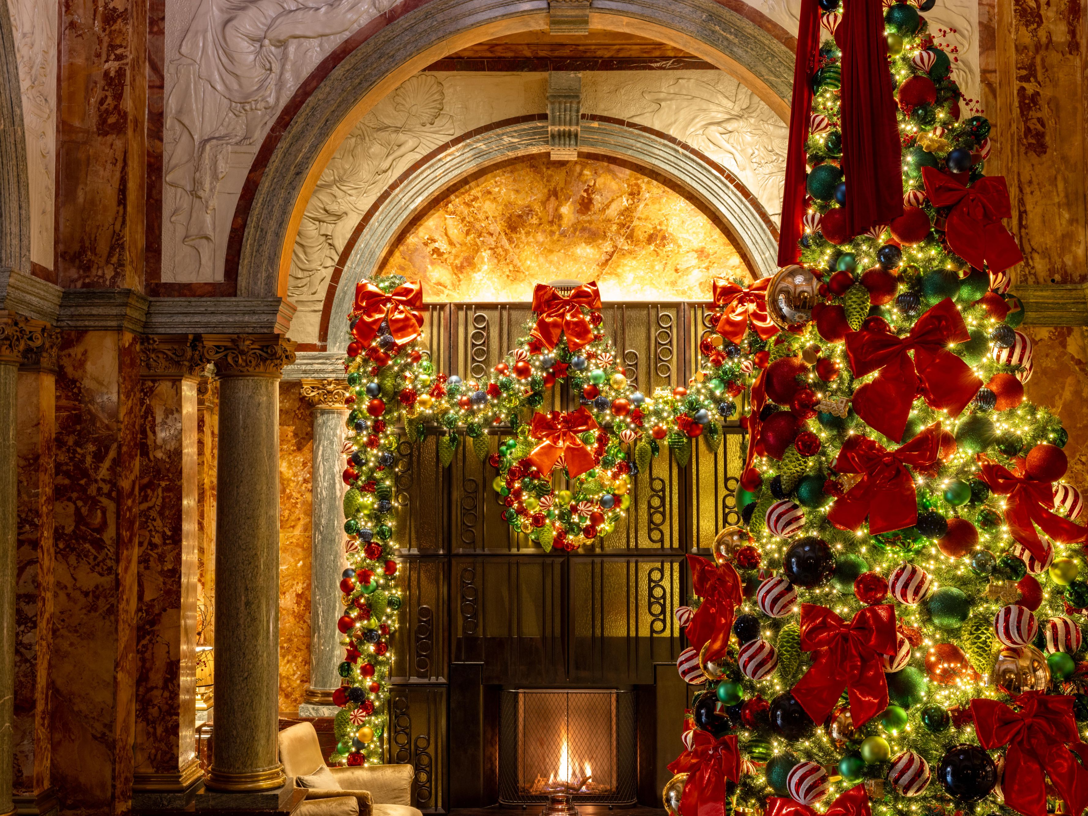 Christmas tree in London hotel lobby