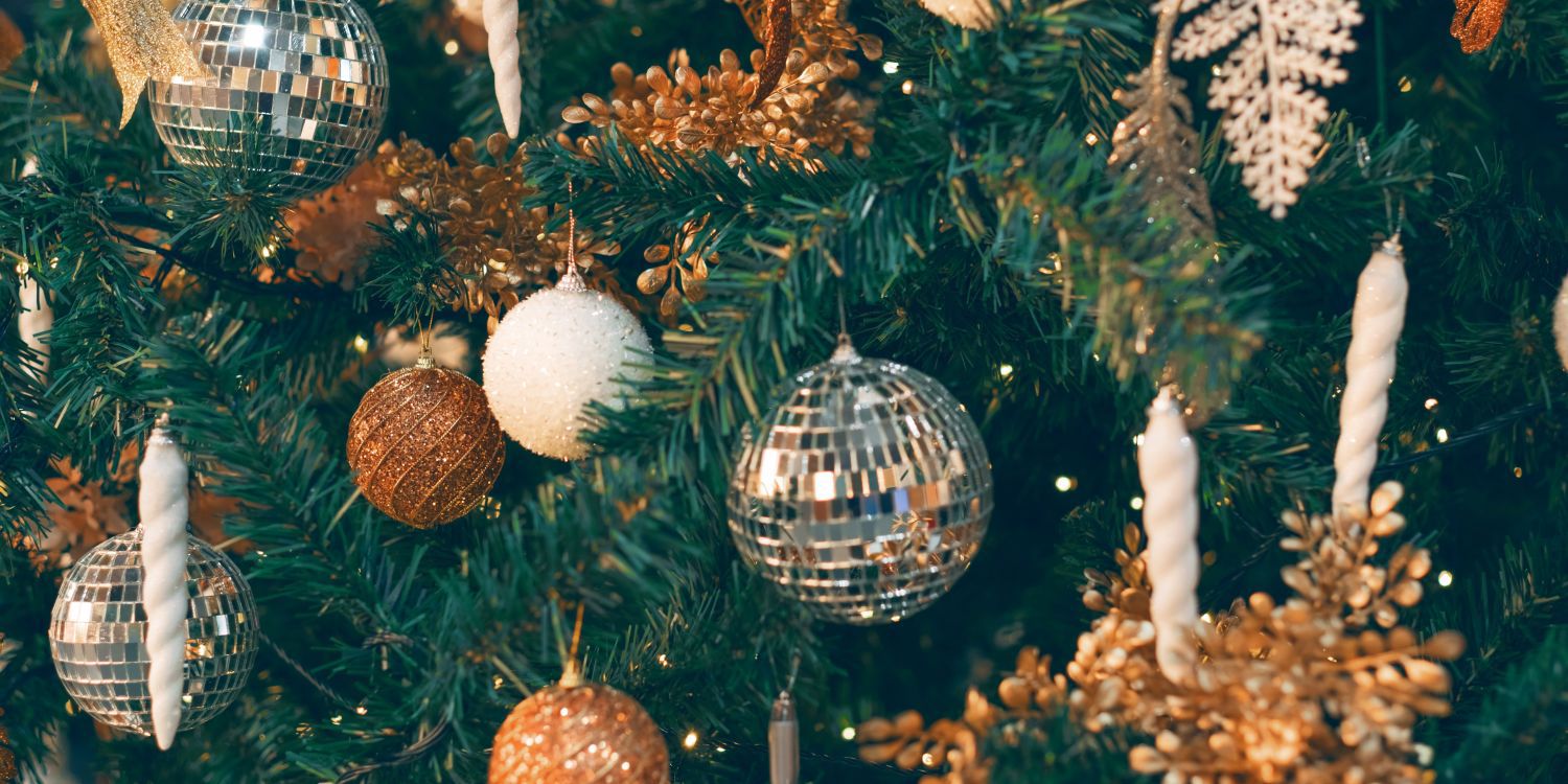 close up of christmas tree decorations