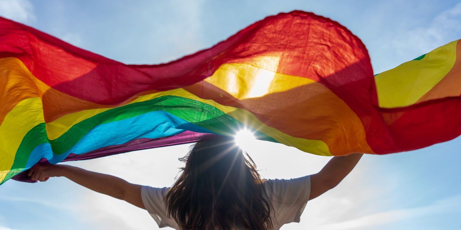 somene holding pride flag up in the sky