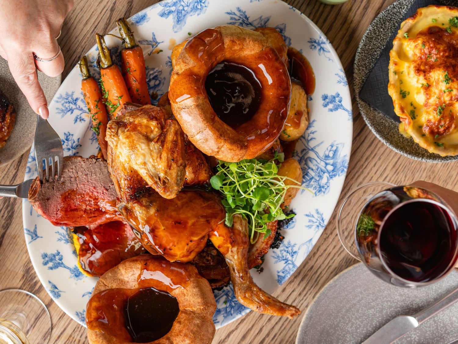 roast dinner with red wine