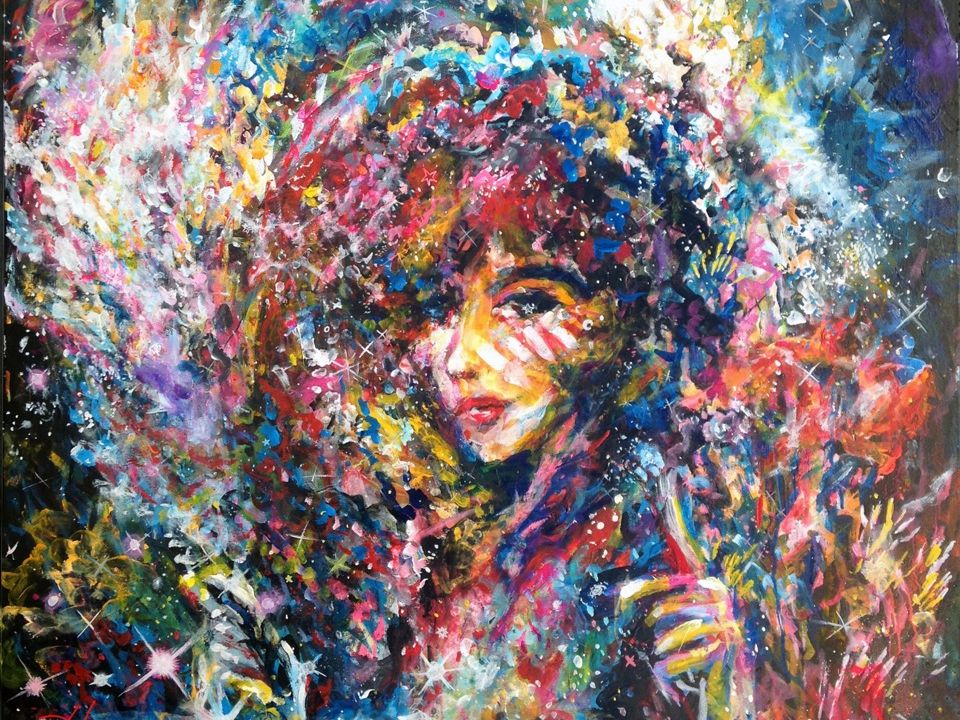 Abstract painting of a woman with lots of colors.