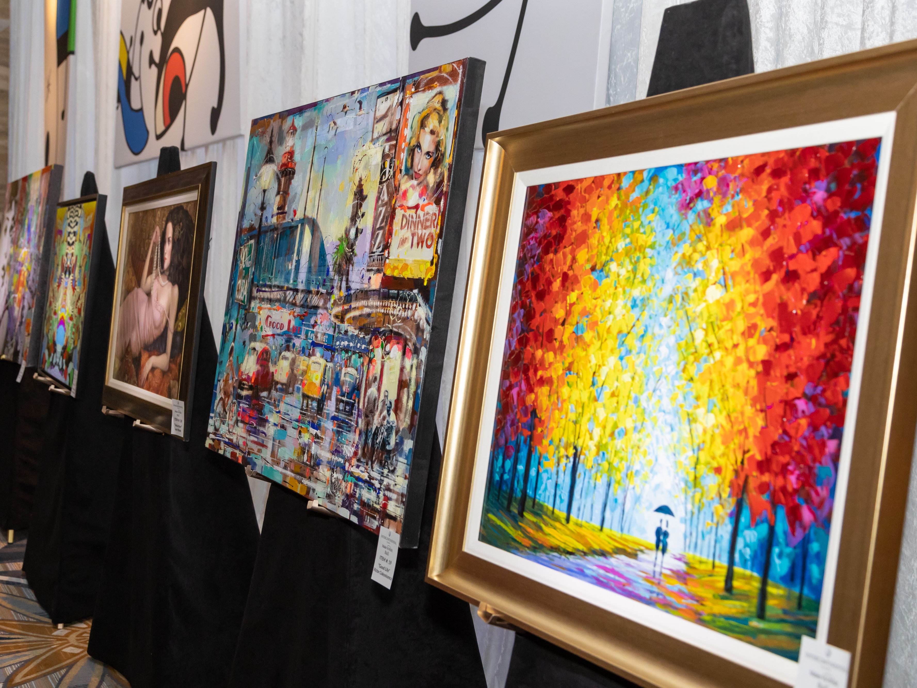 Art displated on easels.