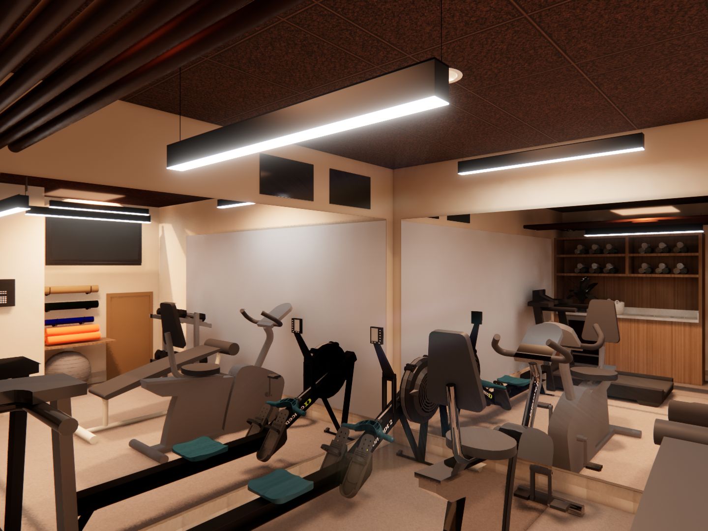 Fitness center rendering with cardio equipment.
