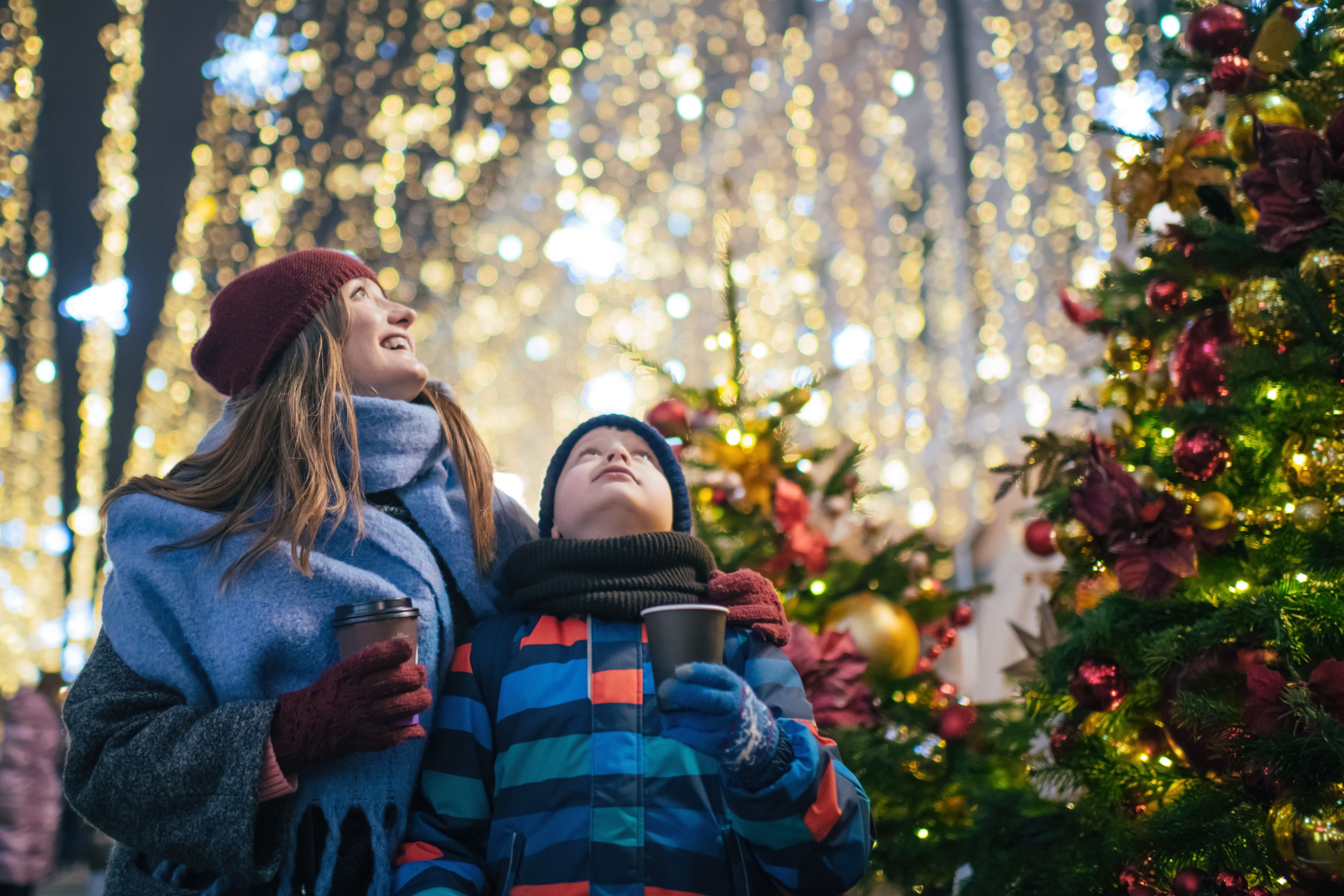 Mother and yonng son admiring Christmas light display.