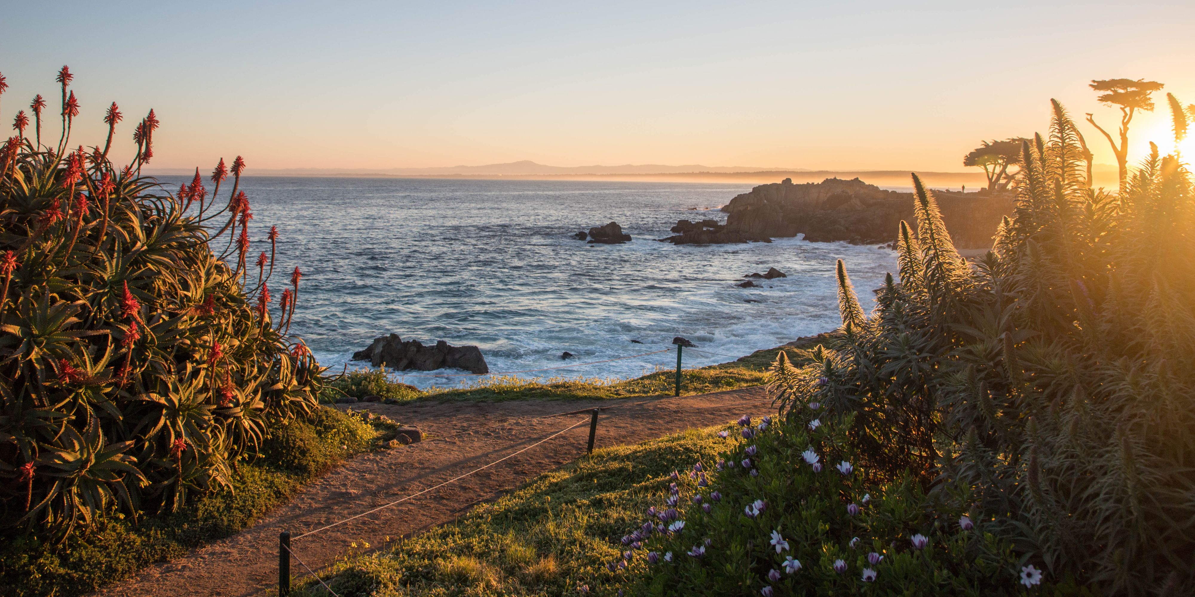 a beautiful morning full of sunshine on the rocky coast of Monterey California.