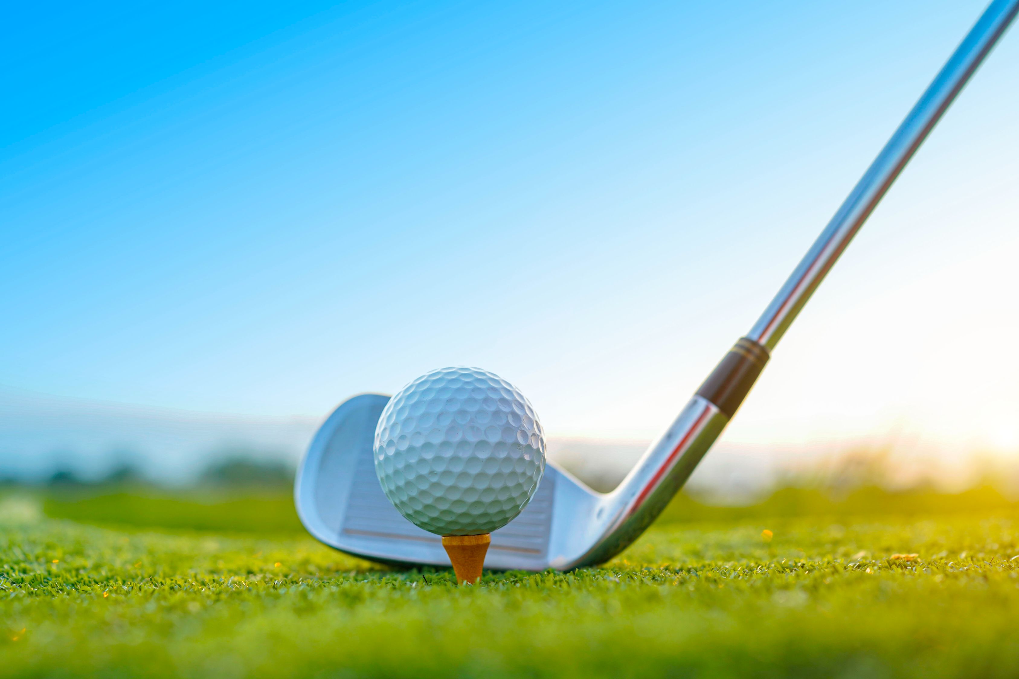 Golf club lined up to hit a golf ball.