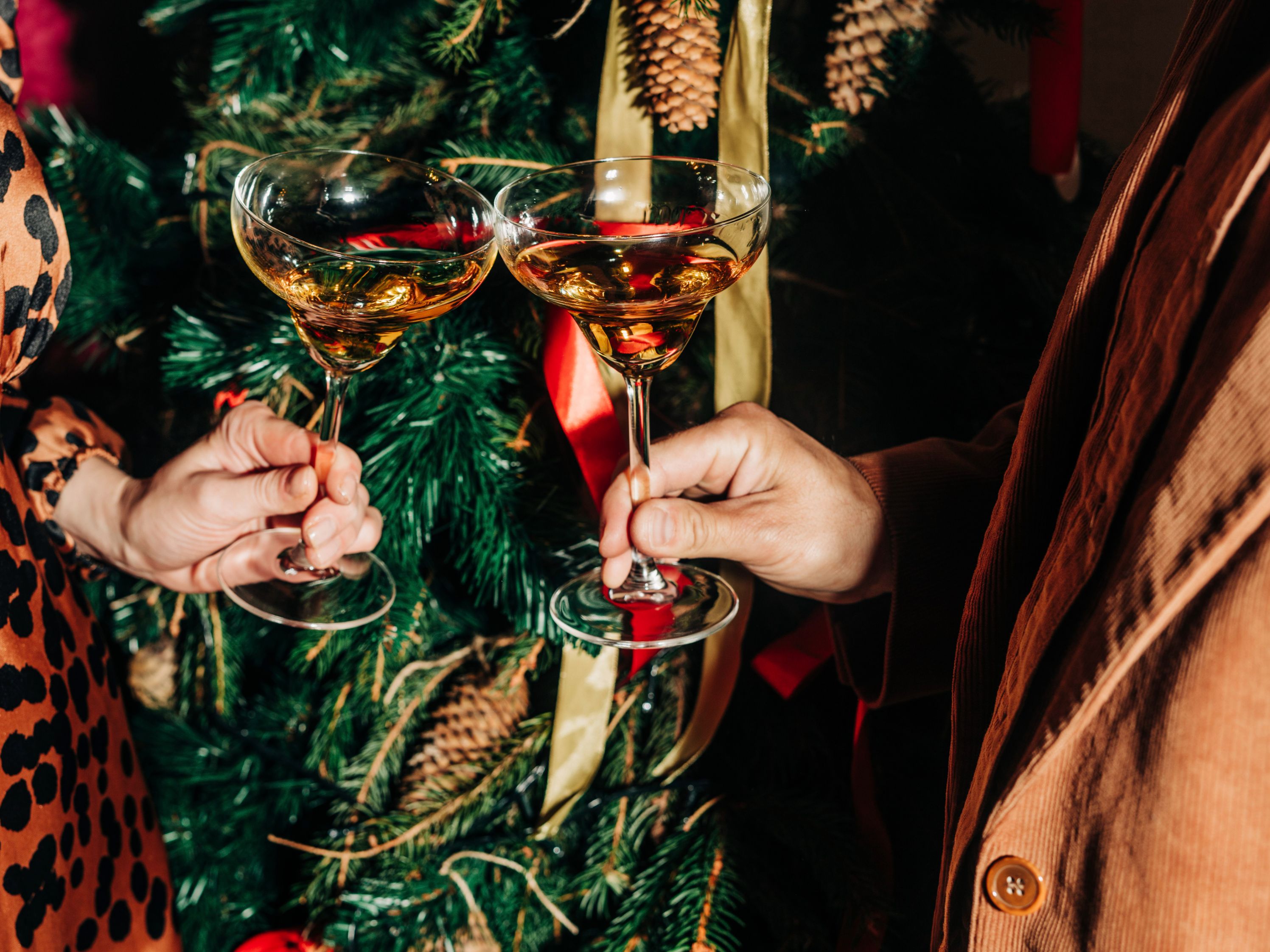 Couple toasting in front of Christmas tree