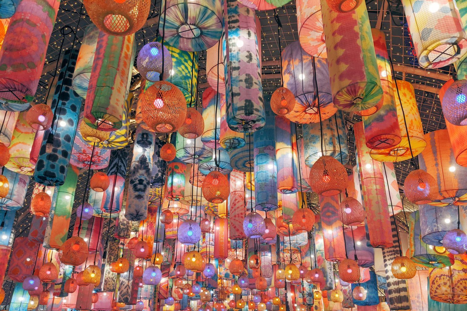 colorful paper lanterns collected in the ceiling