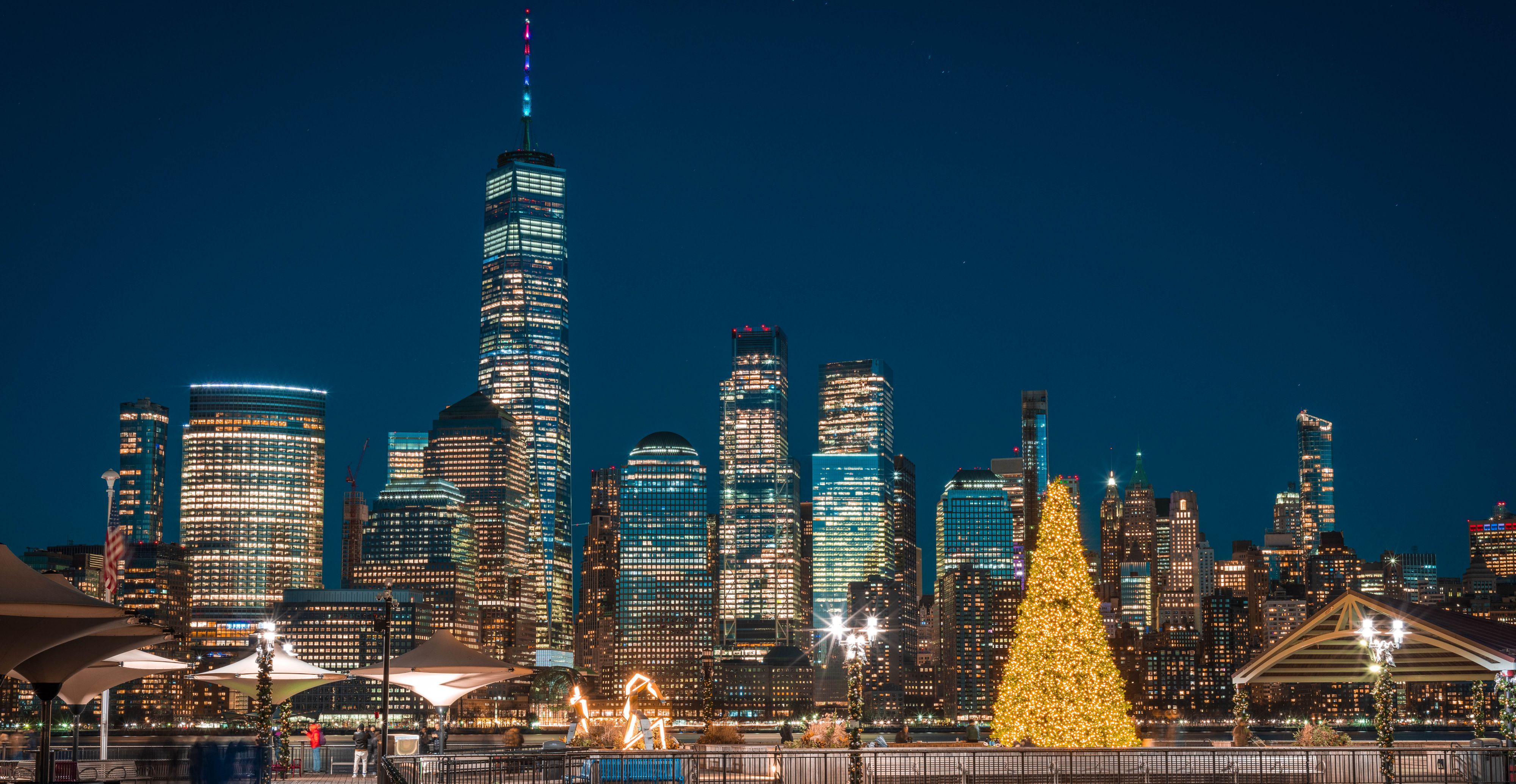 Christmas tree in front of New York City skyline