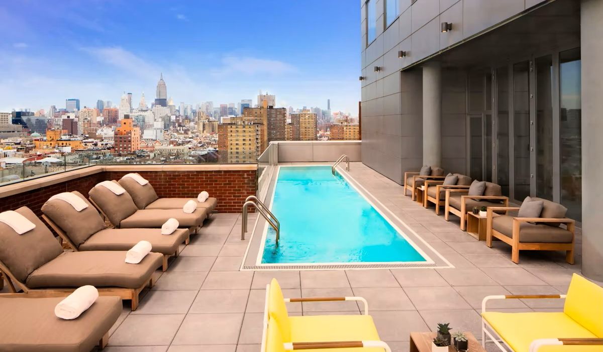 Rooftop pool overlooking New York skyline