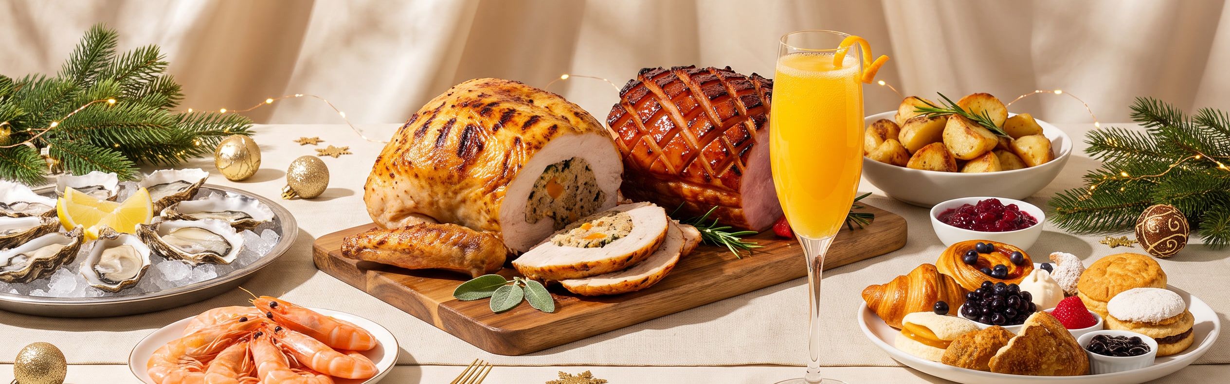 Christmas brunch spread with turkey, ham, pastries, oysters, prawns, and mimosas.