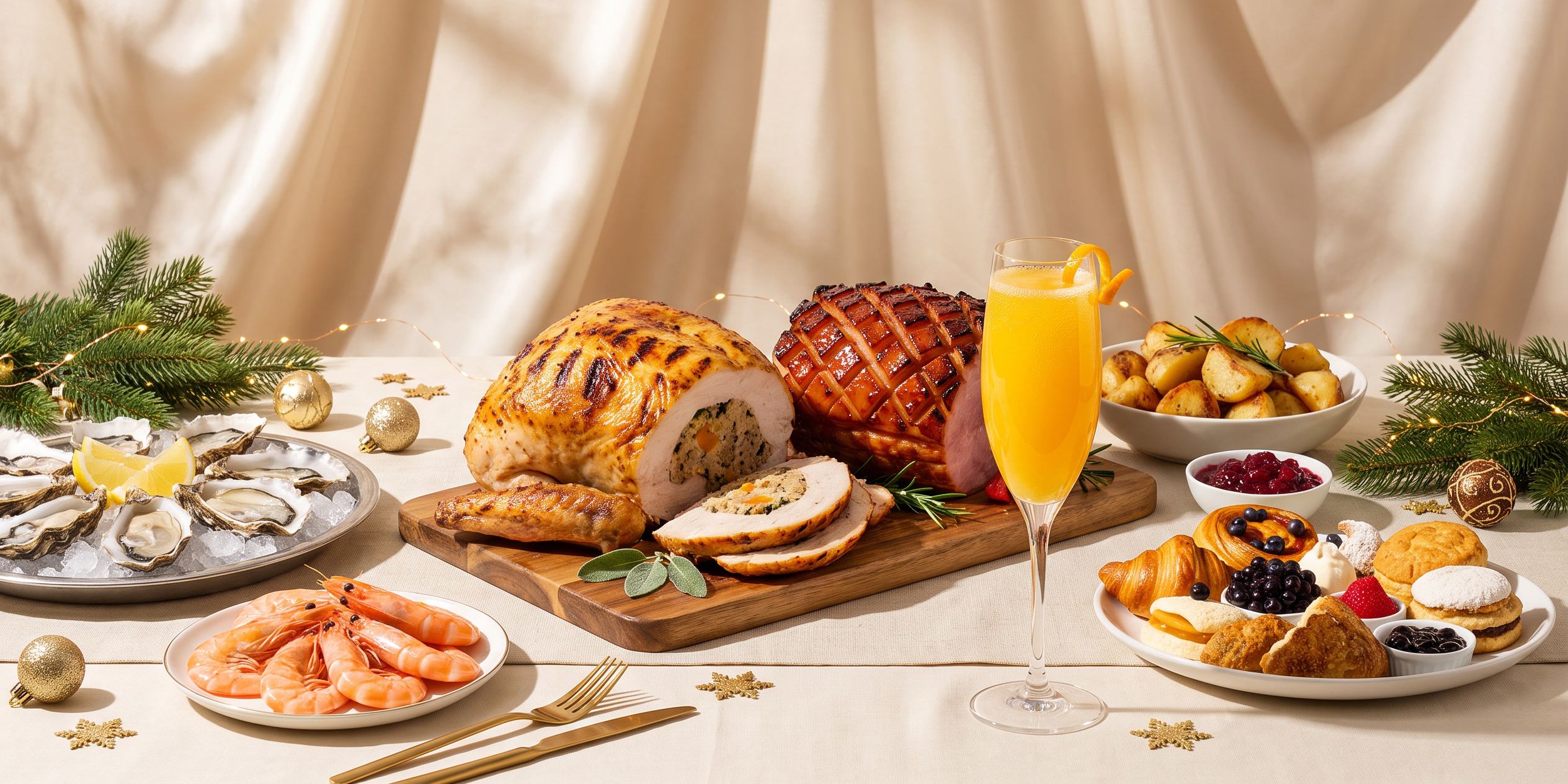 Christmas brunch spread with turkey, ham, pastries, oysters, prawns, and mimosas.
