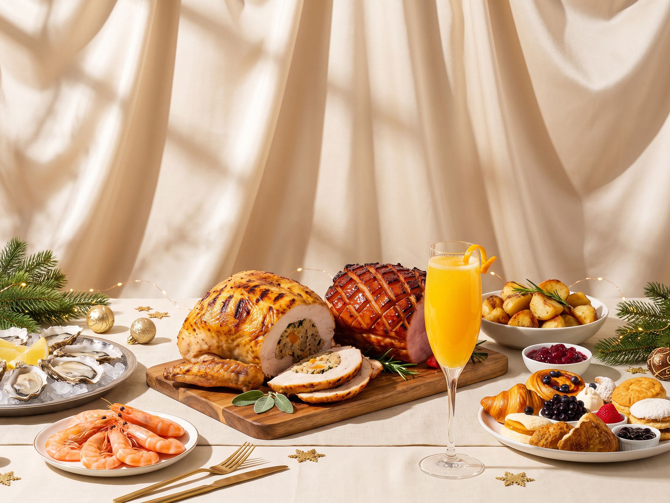 Christmas brunch spread with turkey, ham, pastries, oysters, prawns, and mimosas.